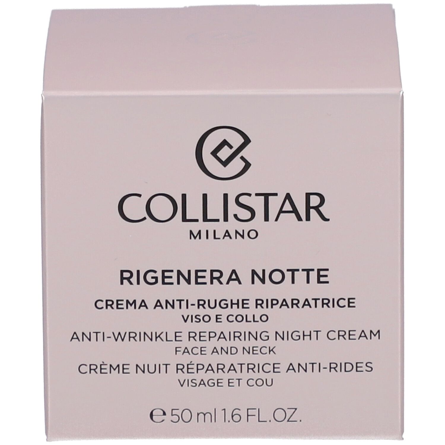 Schachtel. Aufschrift: COLLISTAR, RIGENERA NOTTE, Anti-Falten-Reparatur-Nachtcreme. 50 ml.