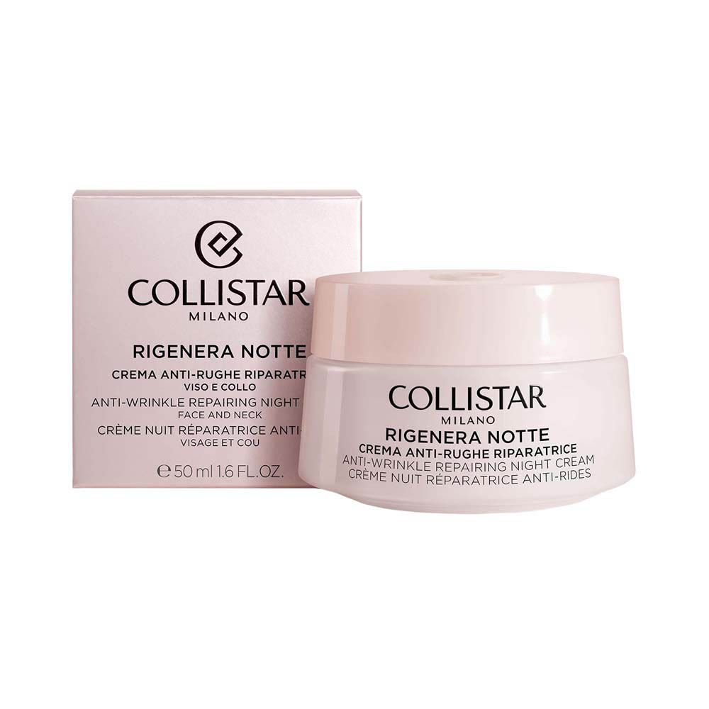 Pot de crème et boîte. Inscription : COLLISTAR, RIGENERA NOTTE, crème de nuit réparatrice anti-rides. 50 ml.