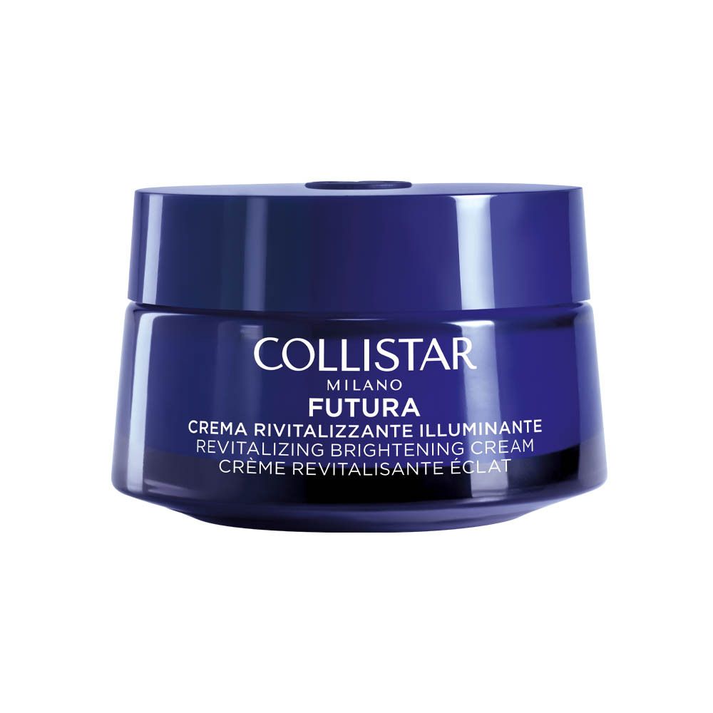 Pot de crème bleu foncé avec couvercle. Inscription : Collistar, Futura, Crème Revitalisante Éclat.