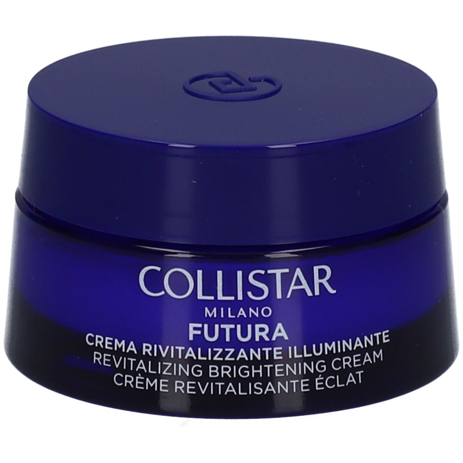 Dunkelblaue Creme-Dose mit Deckel. Aufschrift: Collistar, Futura, Creme Revitalisante Éclat. 