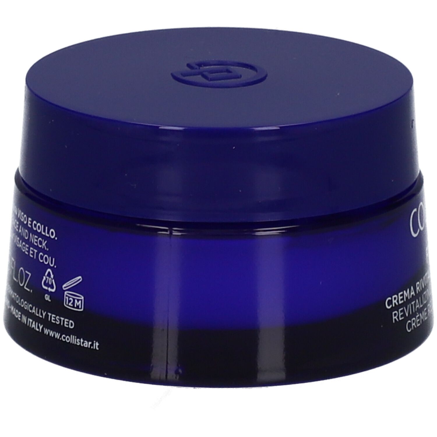 Dunkelblaue Creme-Dose. Aufschrift: Collistar, Creme Revitalizzante Illuminante. Text in Italienisch.