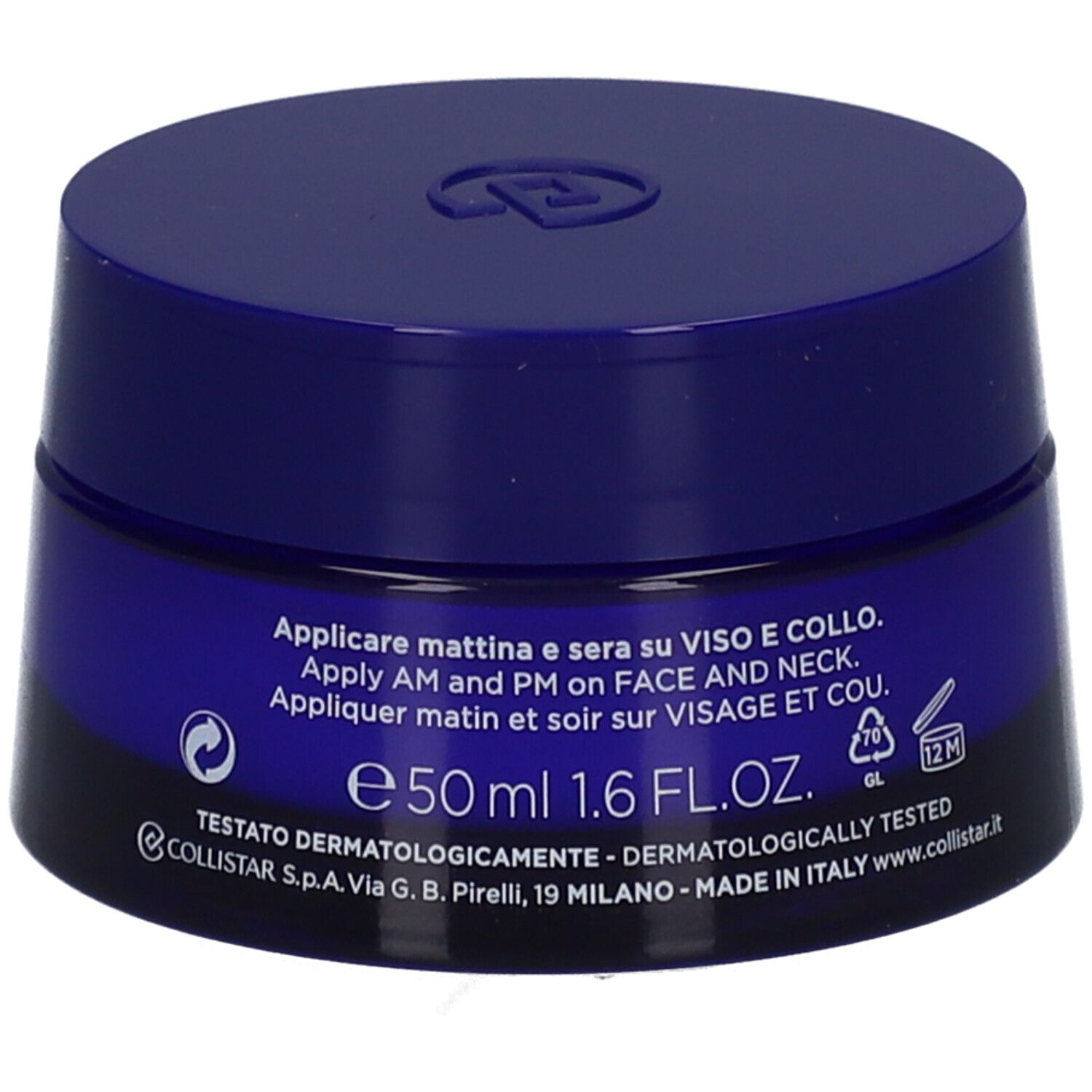 Dunkelblaue Creme-Dose. Aufschrift: 50 ml 1.6 FL.OZ. Text in Italienisch und Französisch.