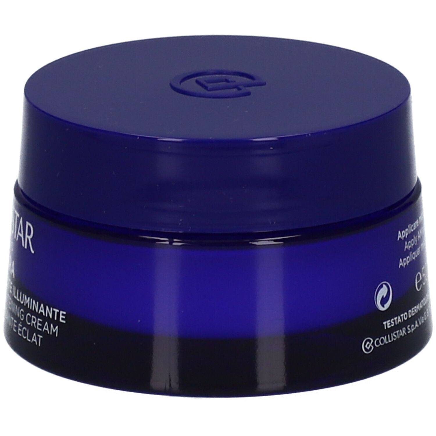 Dunkelblaue Creme-Dose. Aufschrift: Collistar, Creme Revitalisante Éclat. Text in Italienisch.