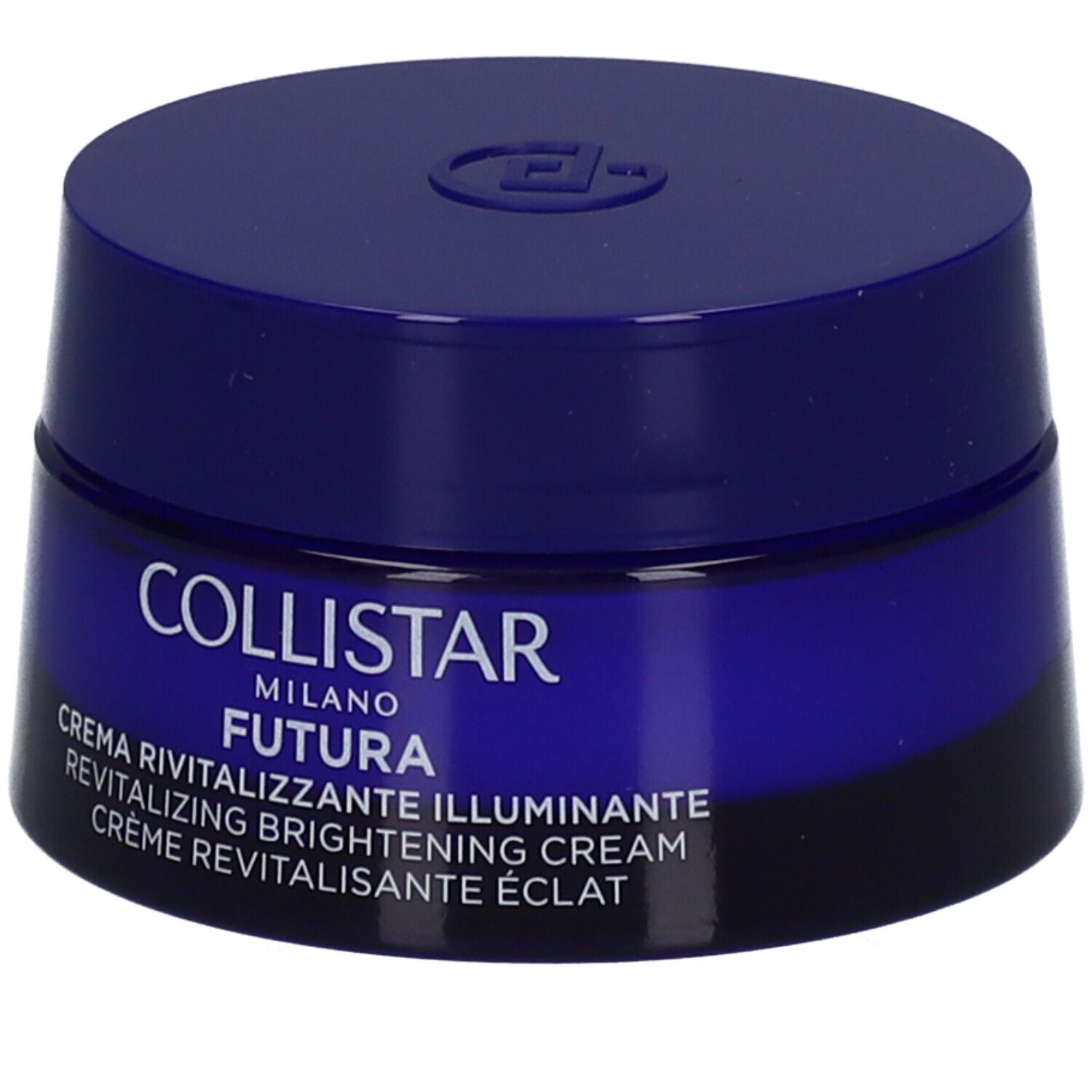 Dunkelblaue Creme-Dose mit Deckel. Aufschrift: Collistar, Futura, Creme Revitalisante Éclat.
