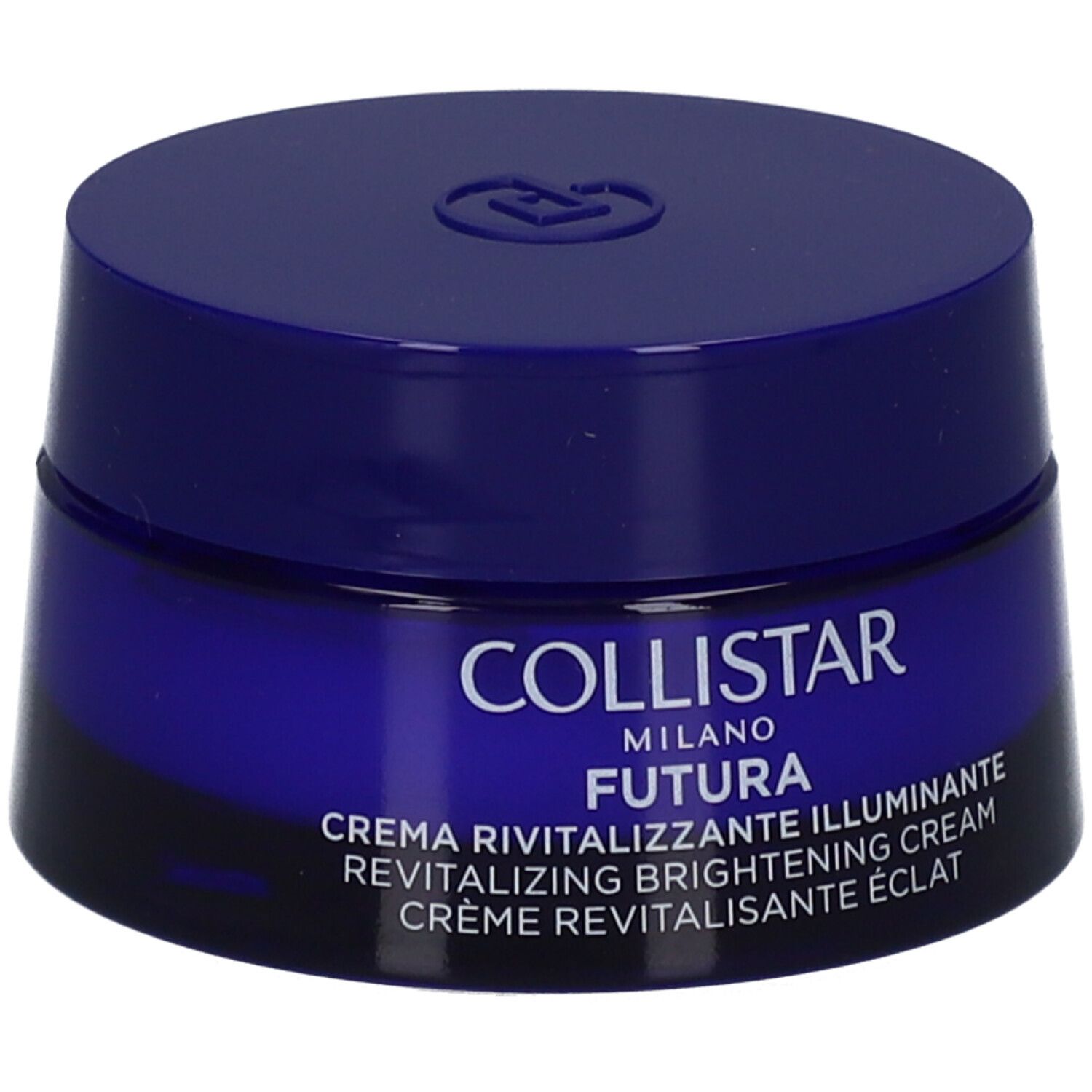 Dunkelblaue Creme-Dose mit Deckel. Aufschrift: Collistar, Futura, Creme Revitalisante Éclat.
