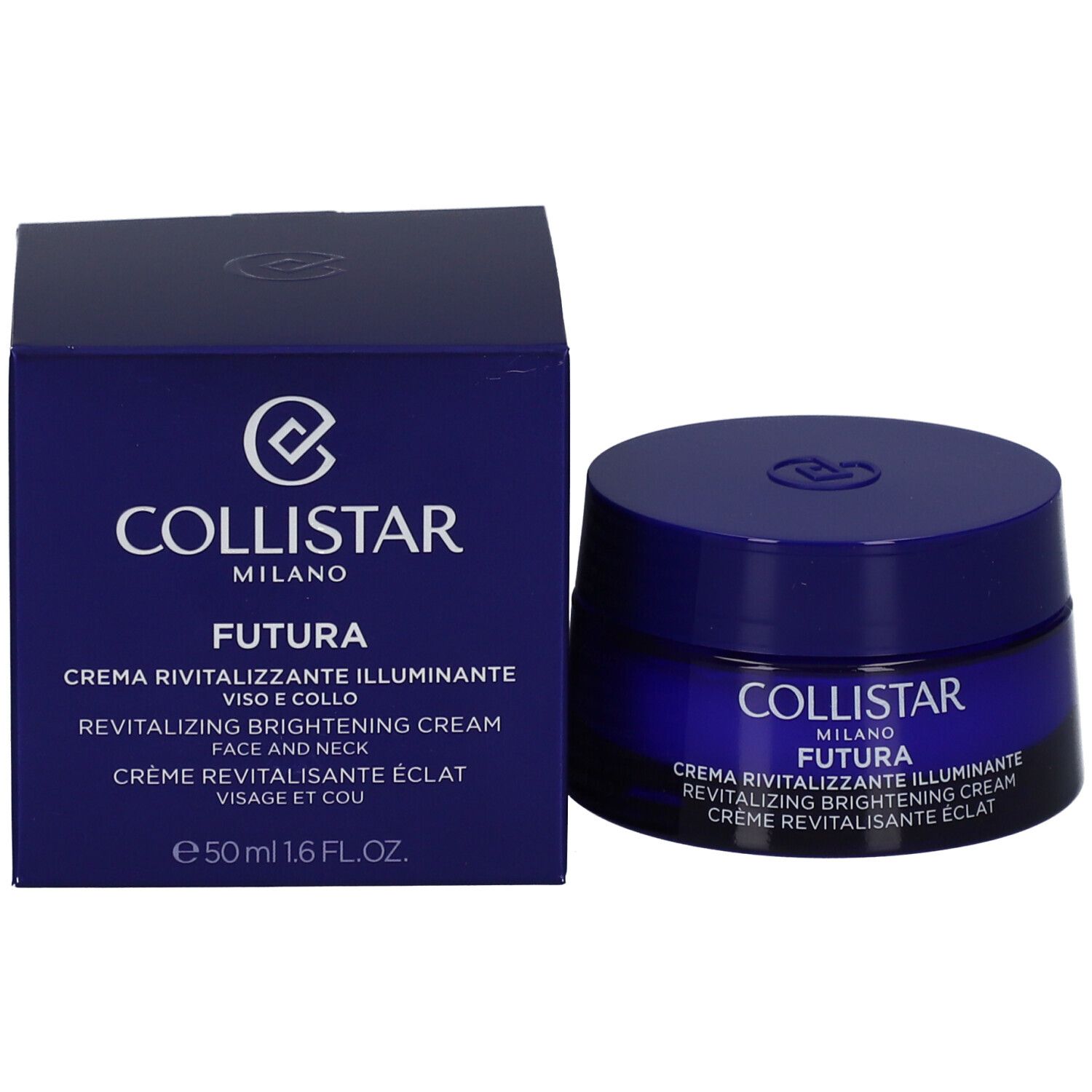 Dunkelblaue Creme-Dose und Schachtel. Aufschrift: Collistar, Futura, Creme Revitalisante Éclat. 50 ml.