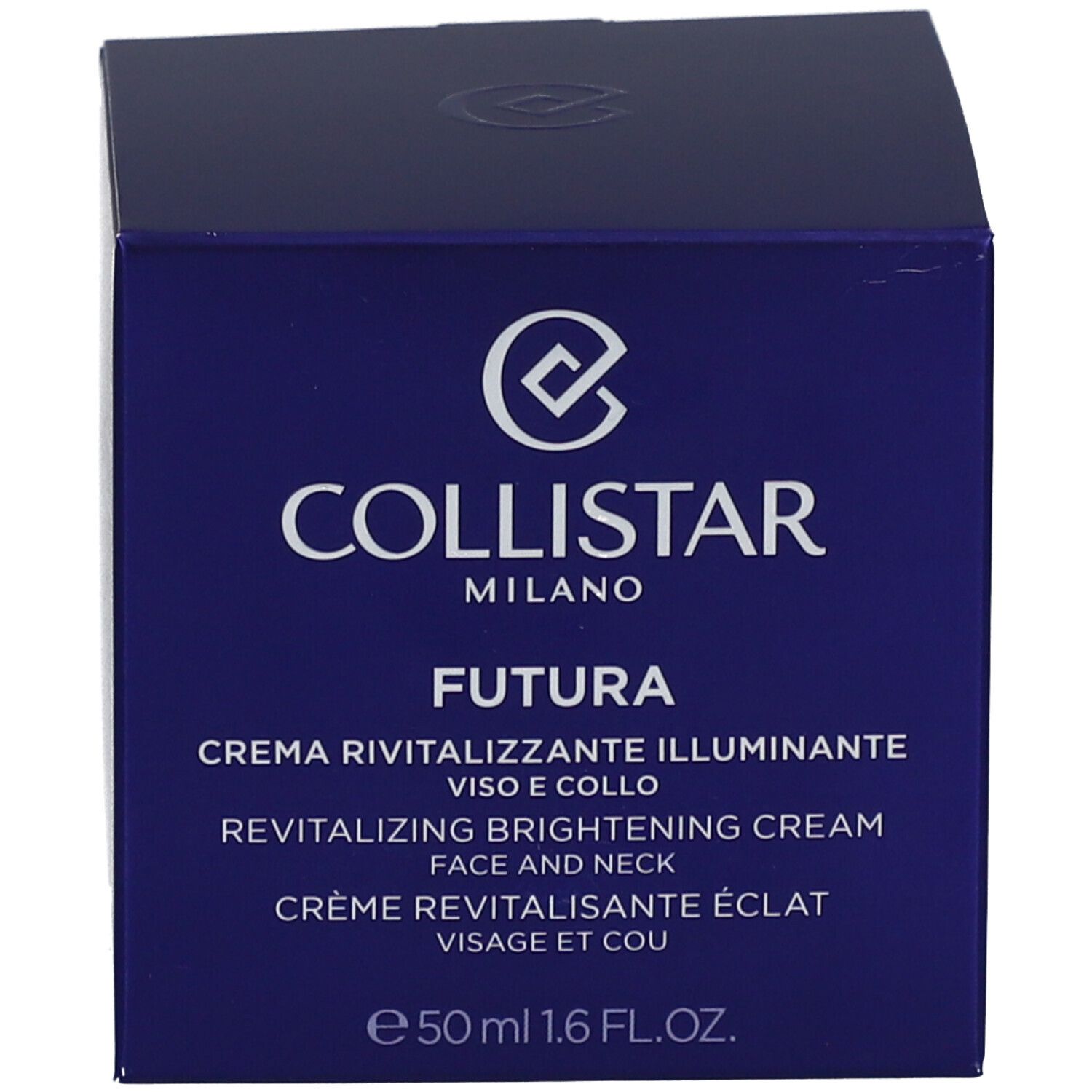 Dunkelblaue Schachtel. Aufschrift: Collistar, Futura, Creme Revitalisante Éclat. 50 ml.