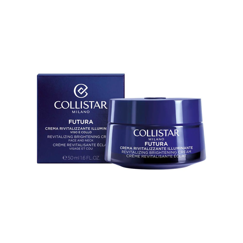 Pot de crème bleu foncé et boîte. Inscription : Collistar, Futura, Crème Revitalisante Éclat. 50 ml.