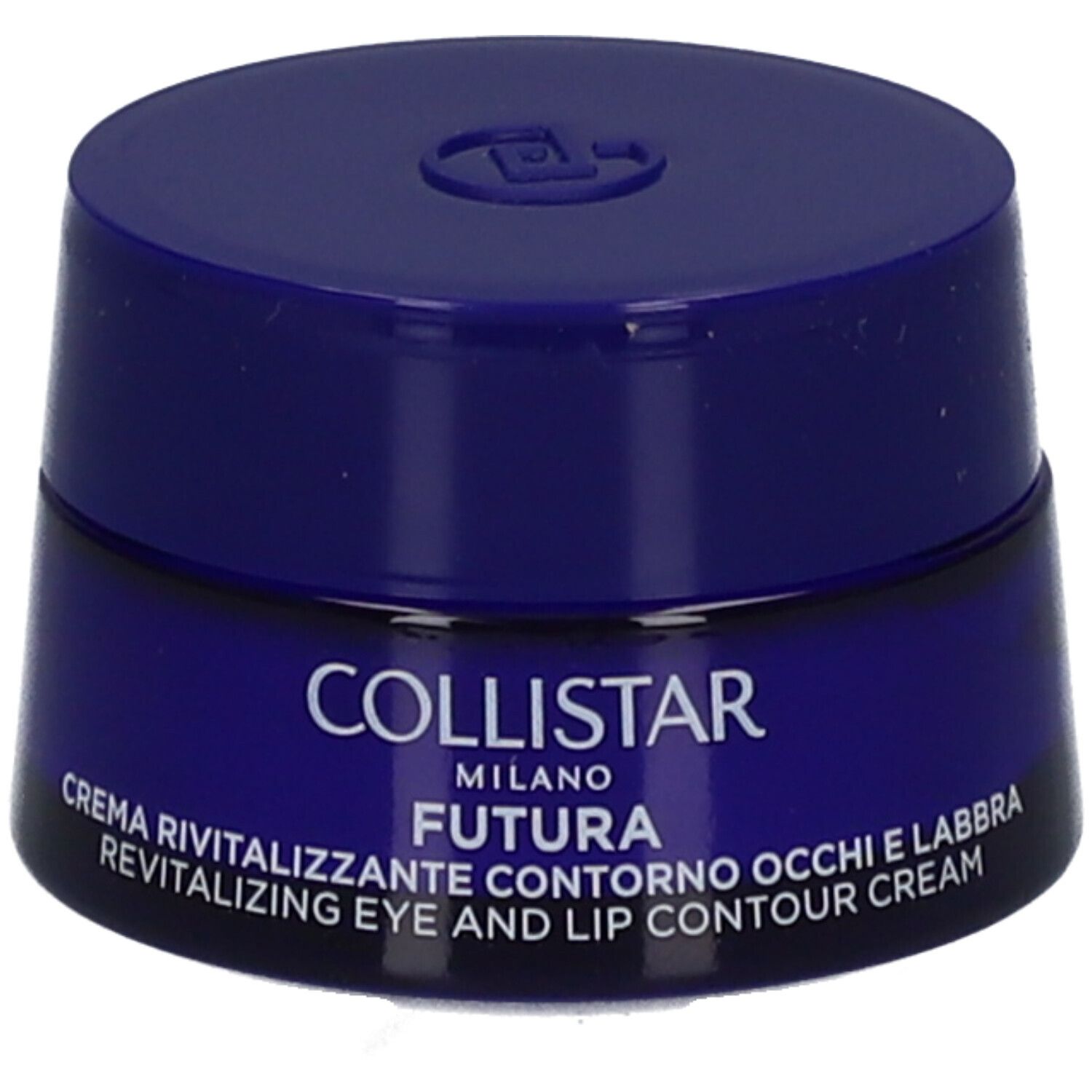 Pot bleu avec couvercle. Inscription : Collistar Milano, Futura, Revitalizing Eye and Lip Contour Cream.