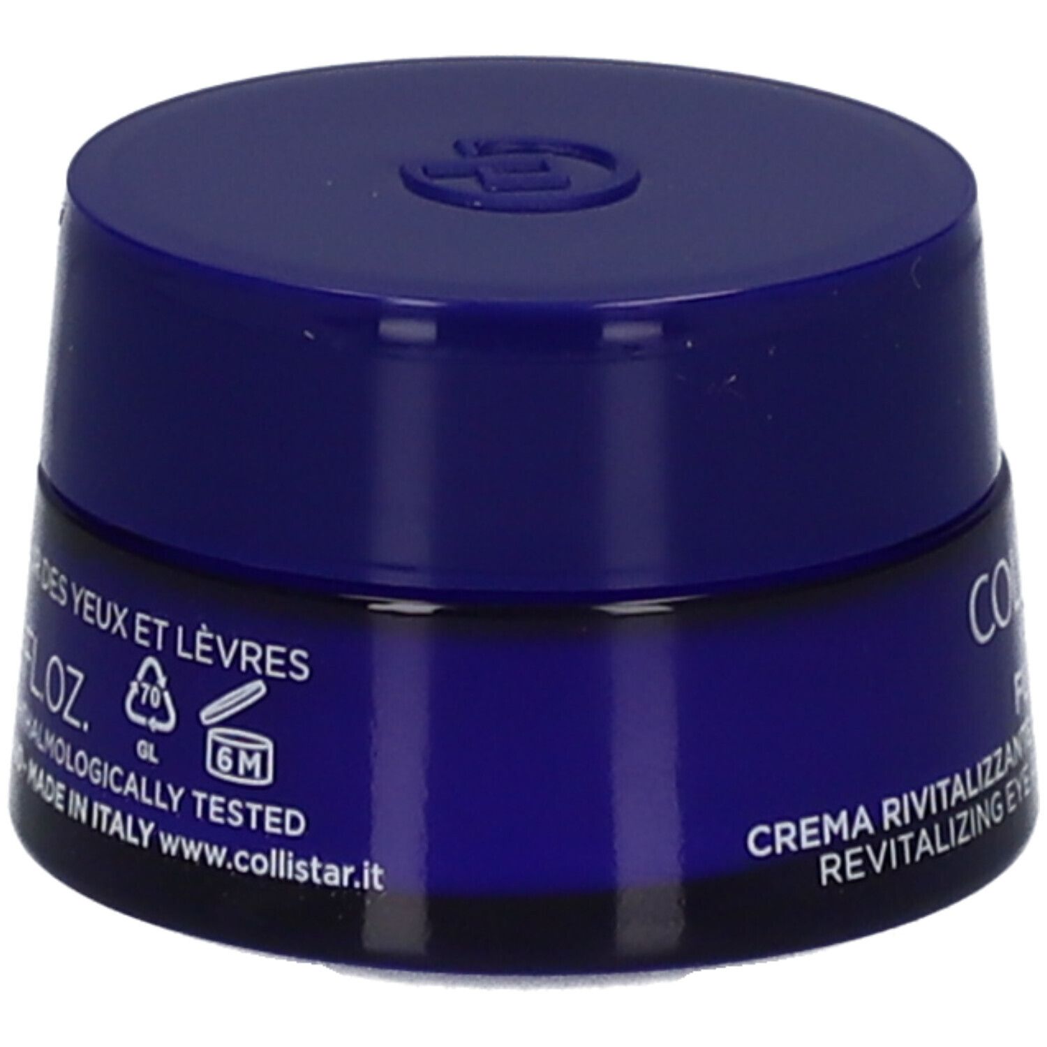 Pot bleu avec couvercle. Inscription : Collistar, Crème revitalisante contour des yeux et lèvres. 6M.