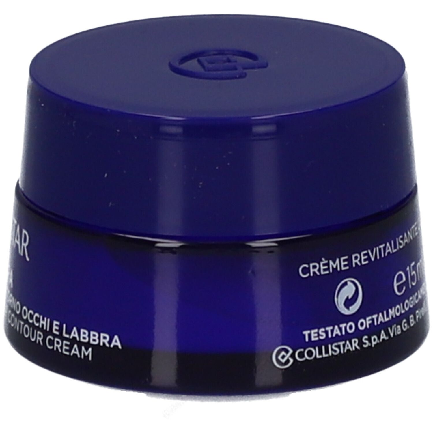 Pot bleu avec couvercle. Inscription : Crème revitalisante contour des yeux et lèvres. 15ml 0.5 FL.OZ. 6M.