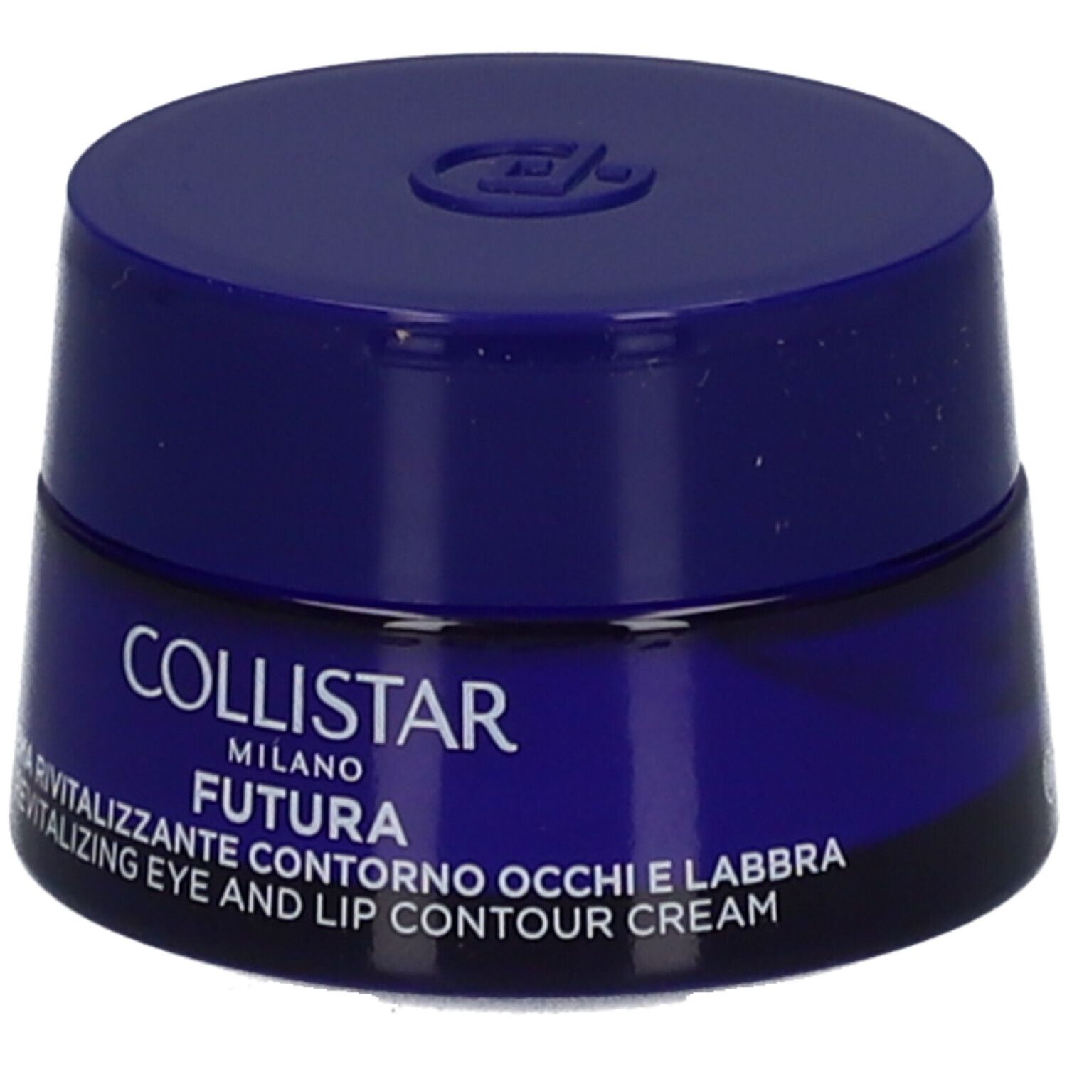 Pot bleu avec couvercle. Inscription : Collistar Milano, Futura, Revitalizing Eye and Lip Contour Cream.