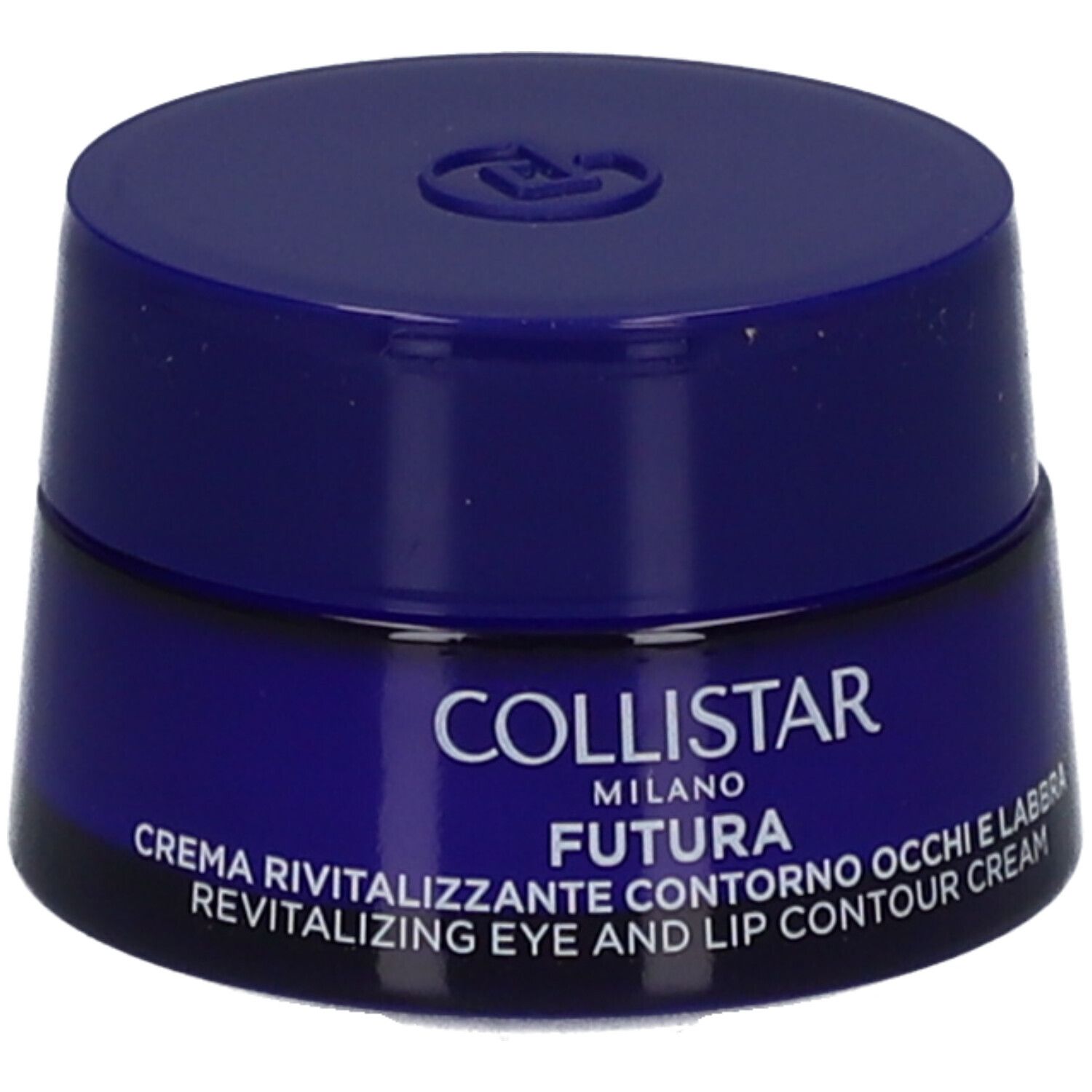 Pot bleu avec couvercle. Inscription : Collistar Milano, Futura, Revitalizing Eye and Lip Contour Cream.
