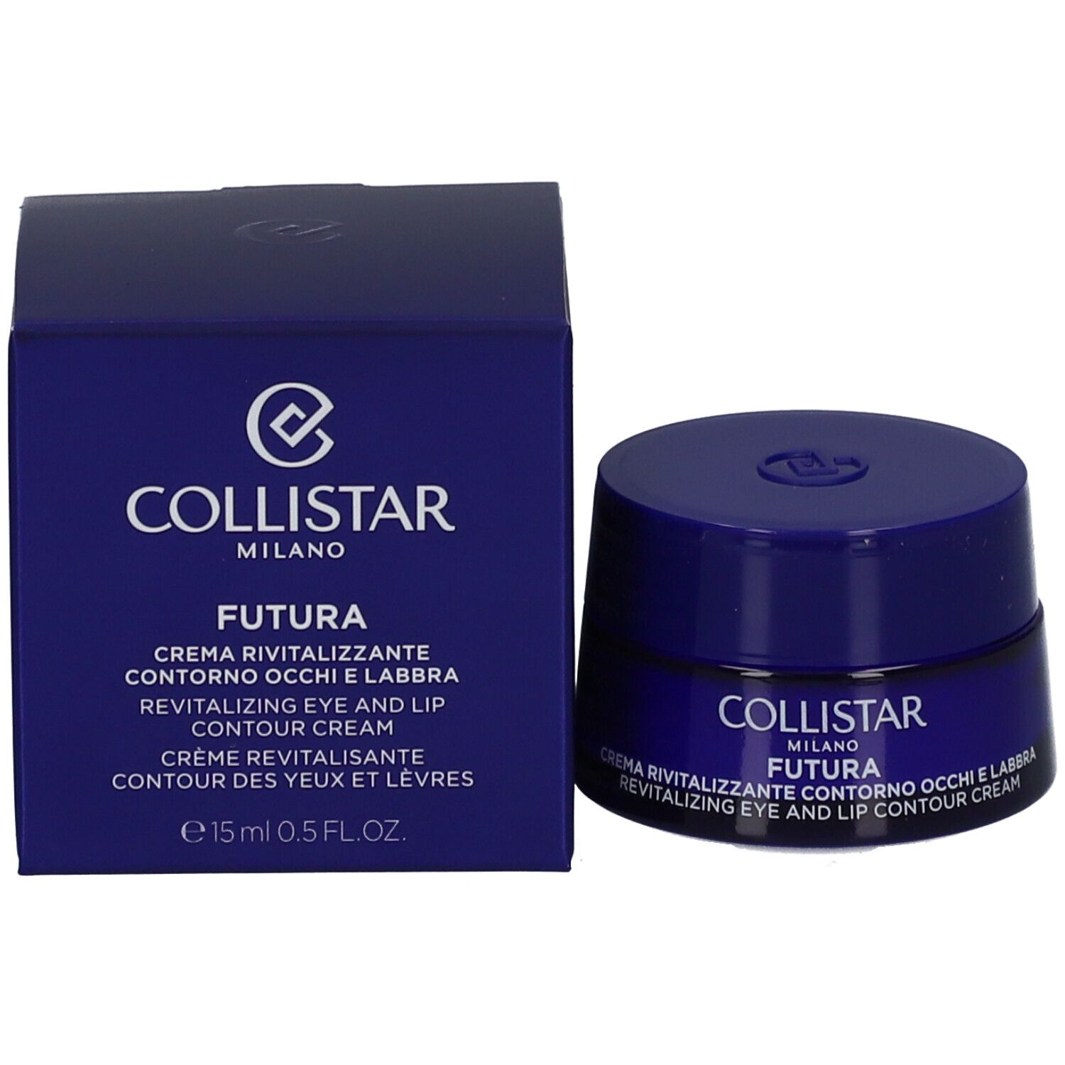 Pot et boîte bleus. Inscription : Collistar Milano, Futura, Revitalizing Eye and Lip Contour Cream.