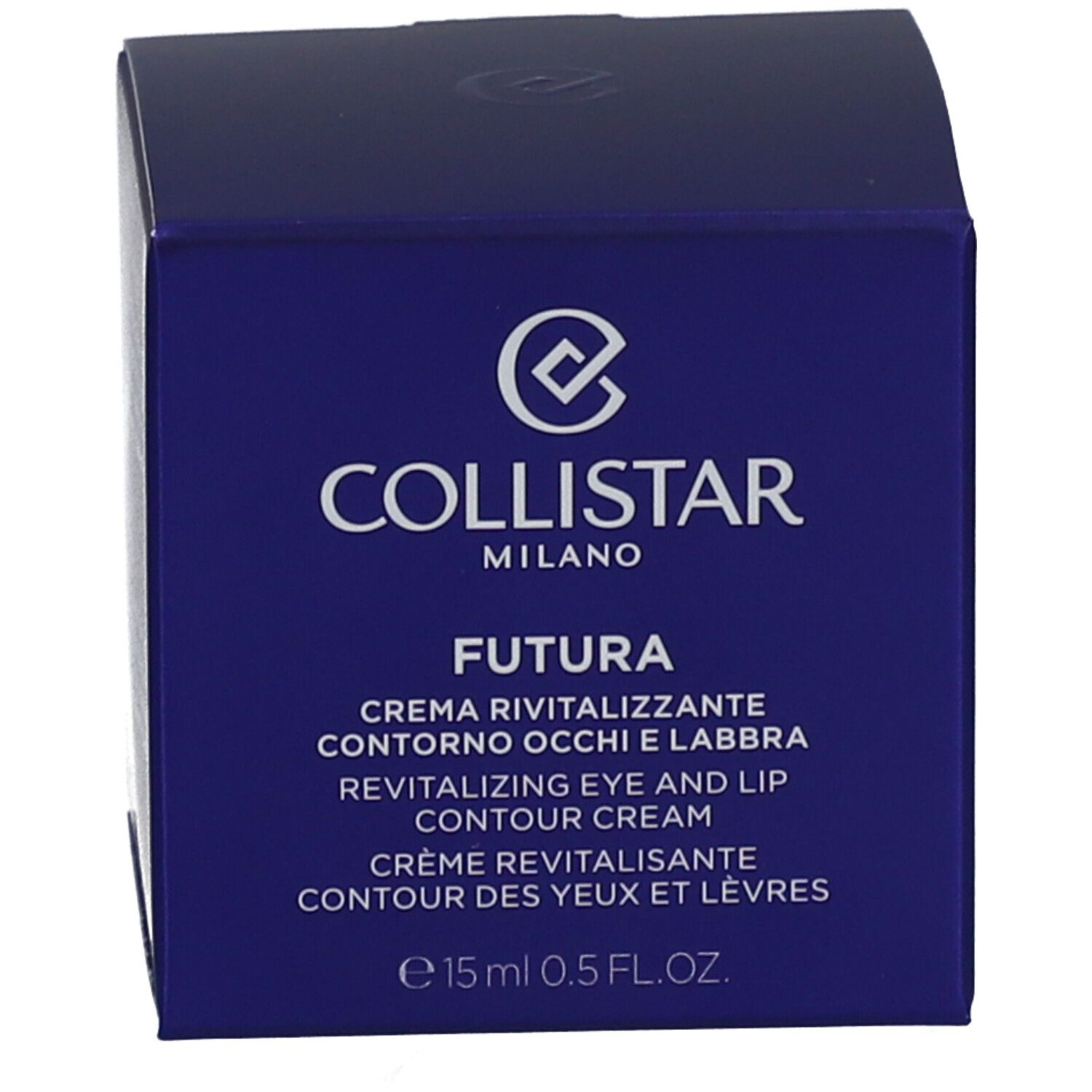 Boîte bleue. Inscription : Collistar Milano, Futura, Revitalizing Eye and Lip Contour Cream. 15ml 0.5 FL.OZ.