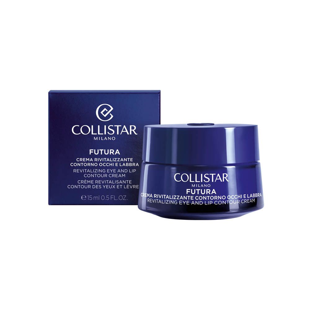 Pot et boîte bleus. Inscription : Collistar Milano, Futura, Revitalizing Eye and Lip Contour Cream.