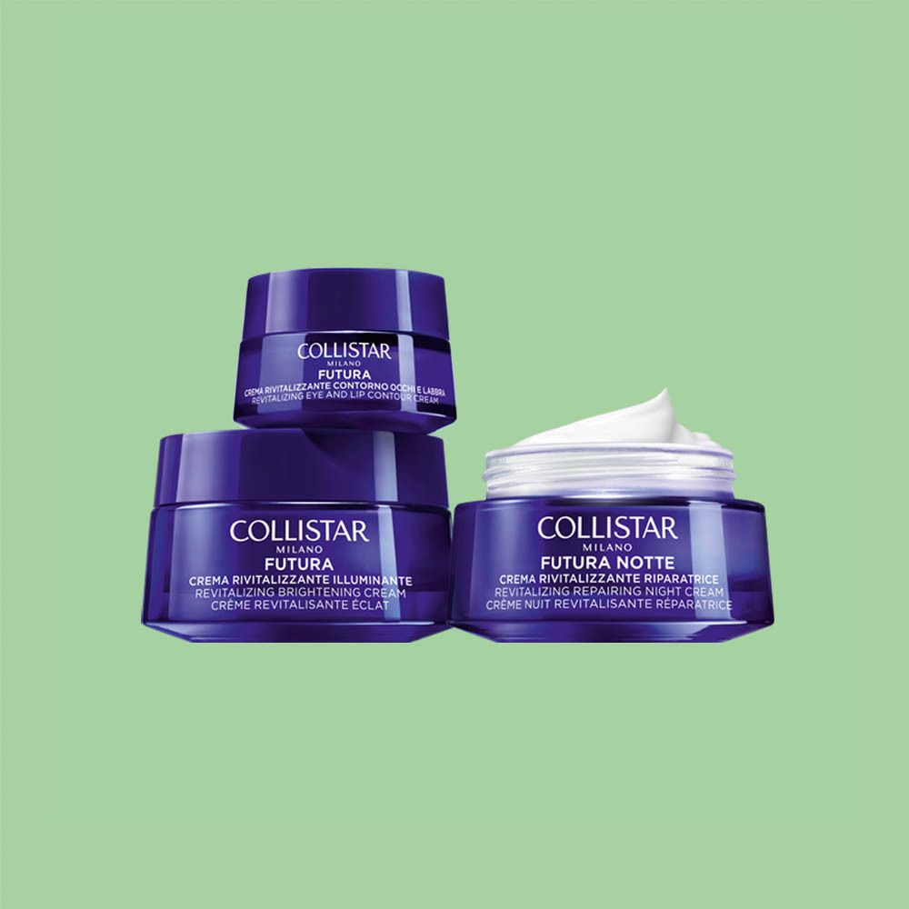 Trois pots. Inscription : Collistar Milano, Futura, Revitalizing Eye and Lip Contour Cream. Pot ouvert.