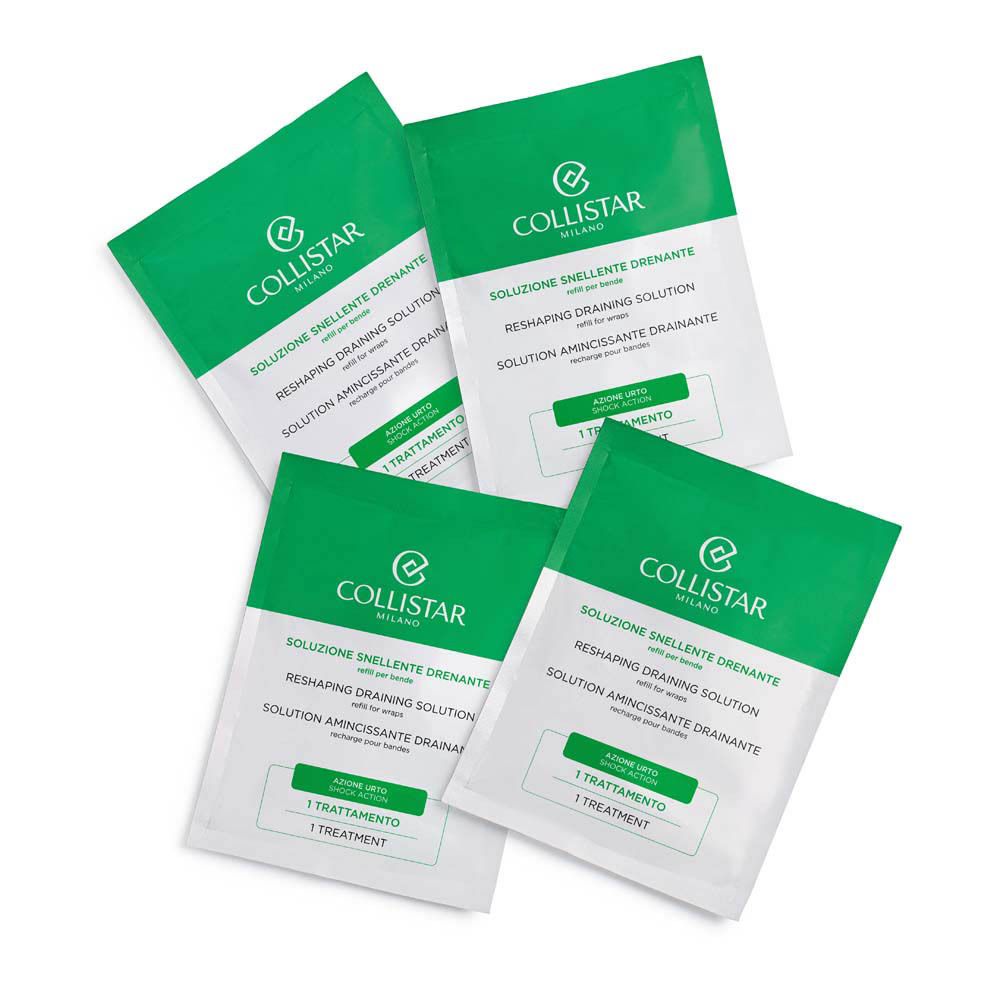 Quatre sachets verts avec texte blanc. Marque : Collistar Milano. Produit : Solution Amincissante Drainante. 1 traitement par sachet.