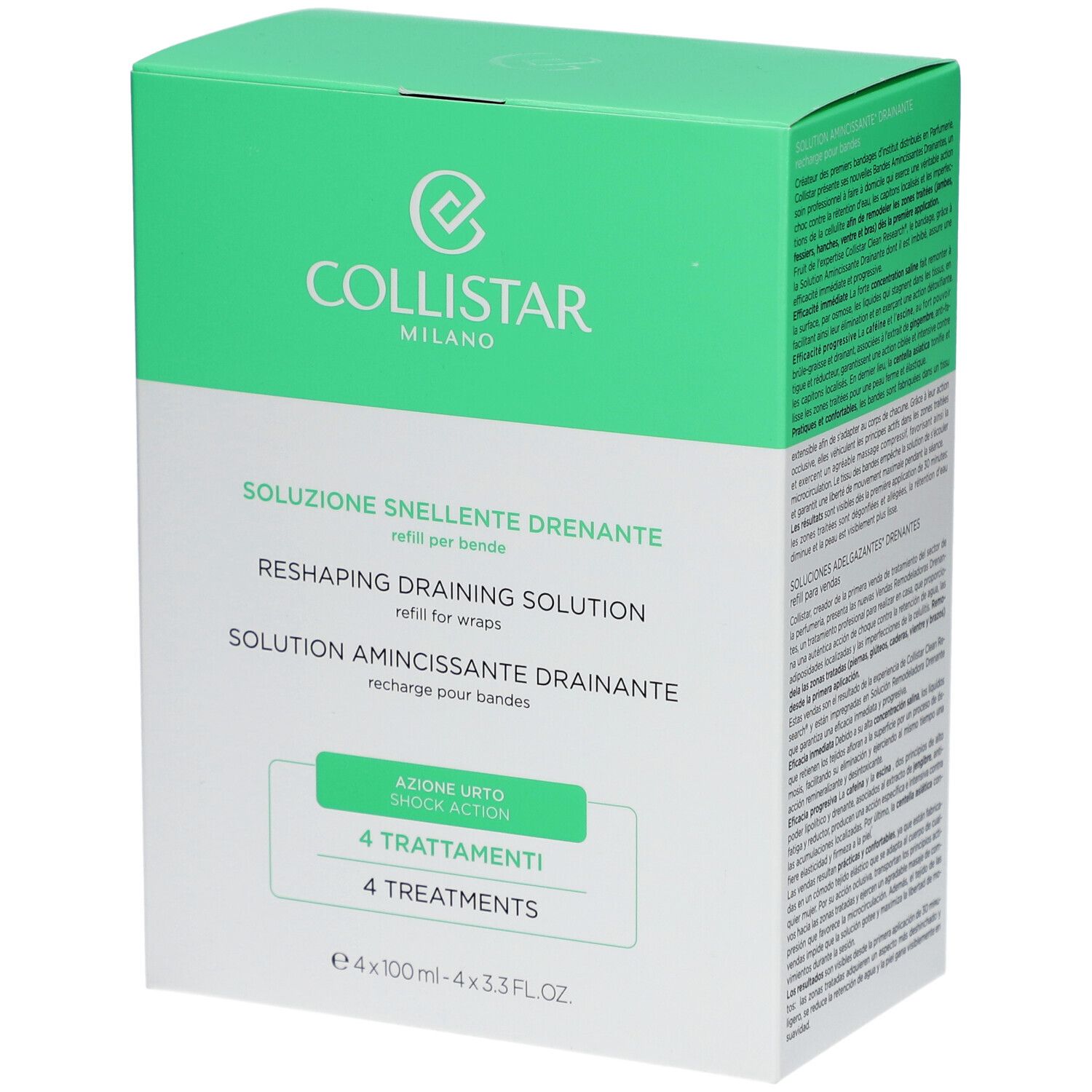 Grüne Schachtel mit weißer Schrift. Enthält 4 Behandlungen. Marke: Collistar Milano. Produkt: Solution Amincissante Drainante.