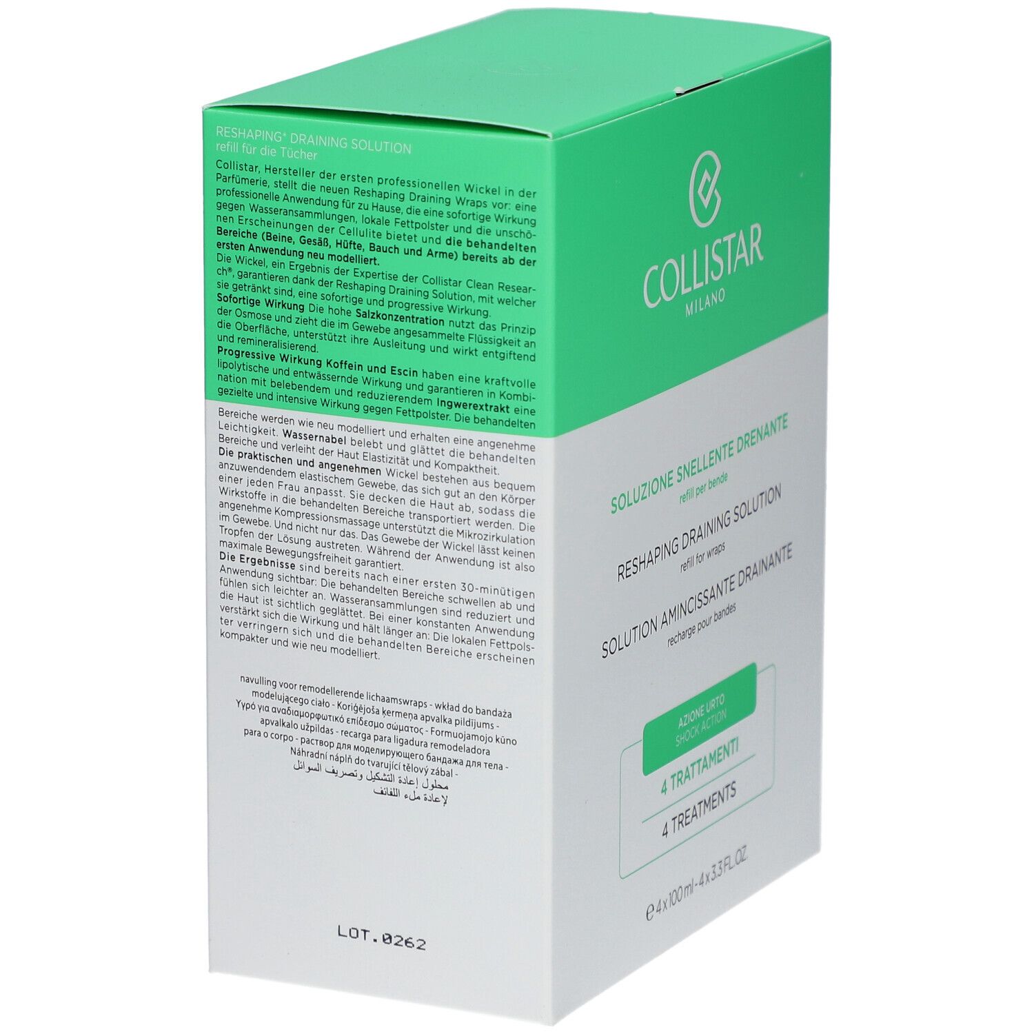 Grüne und weiße Schachtel. Text in mehreren Sprachen. Marke: Collistar Milano. Produkt: Solution Amincissante Drainante.