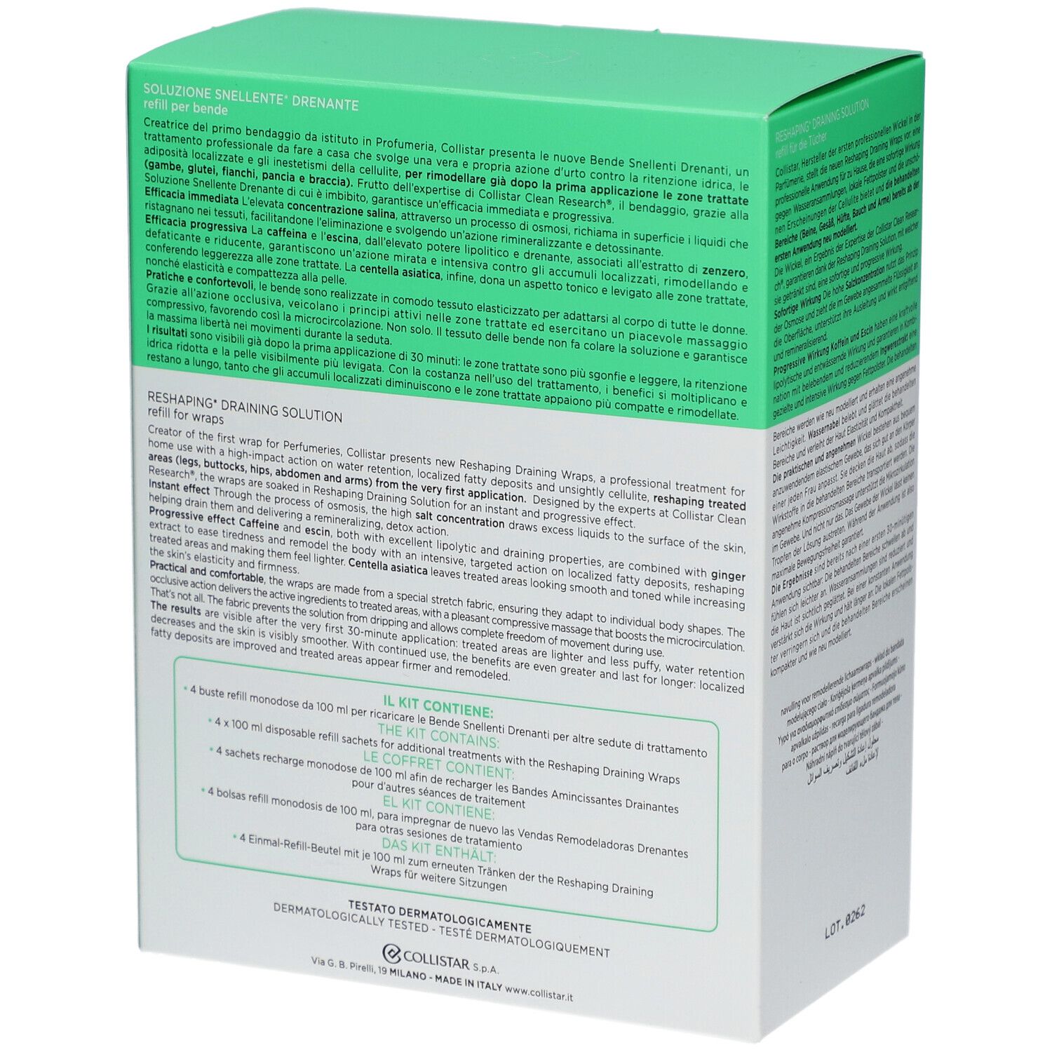 Grüne und weiße Schachtel. Text in mehreren Sprachen. Marke: Collistar Milano. Produkt: Solution Amincissante Drainante.
