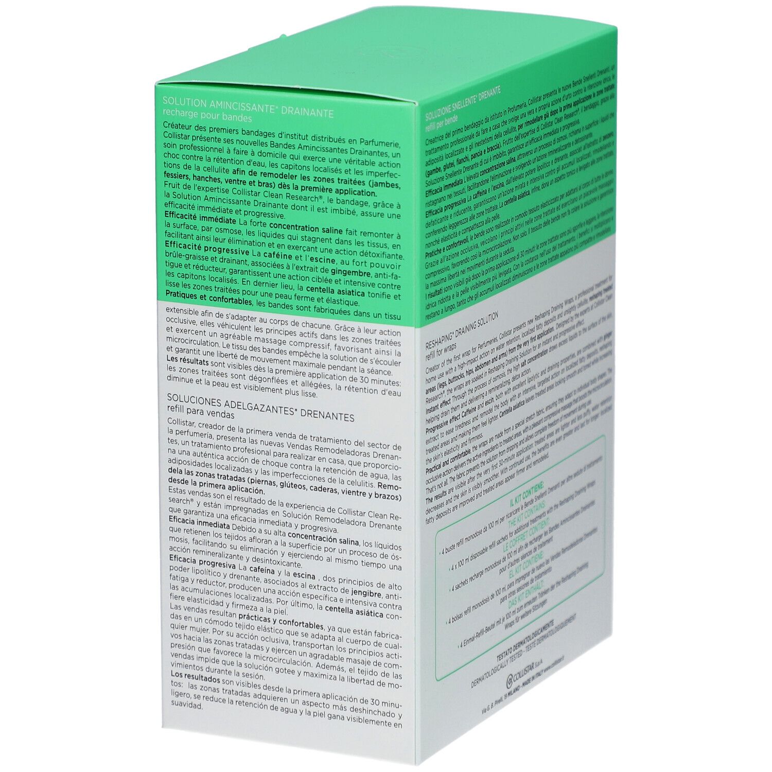Grüne und weiße Schachtel. Text in mehreren Sprachen. Marke: Collistar Milano. Produkt: Solution Amincissante Drainante.