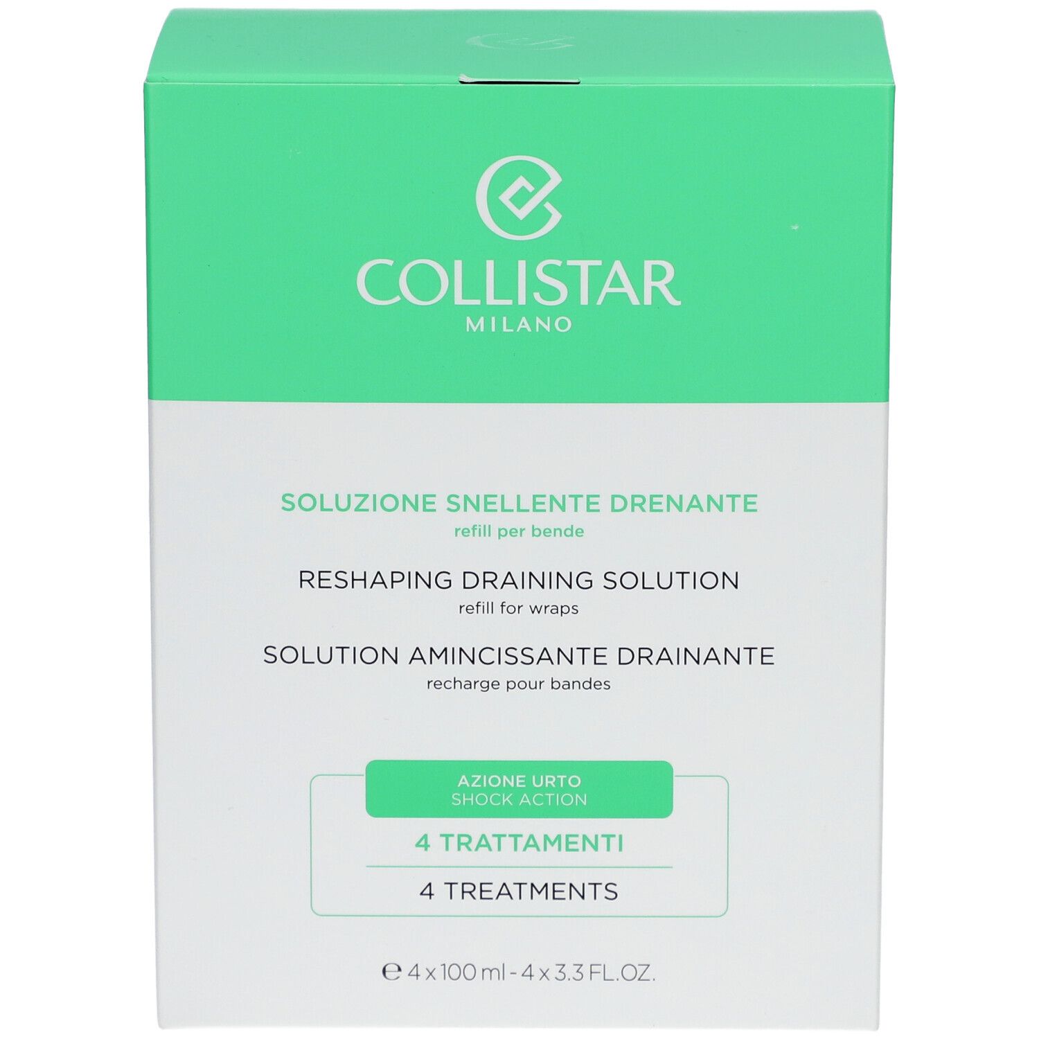 Grüne Schachtel mit weißer Schrift. Enthält 4 Behandlungen. Marke: Collistar Milano. Produkt: Solution Amincissante Drainante.