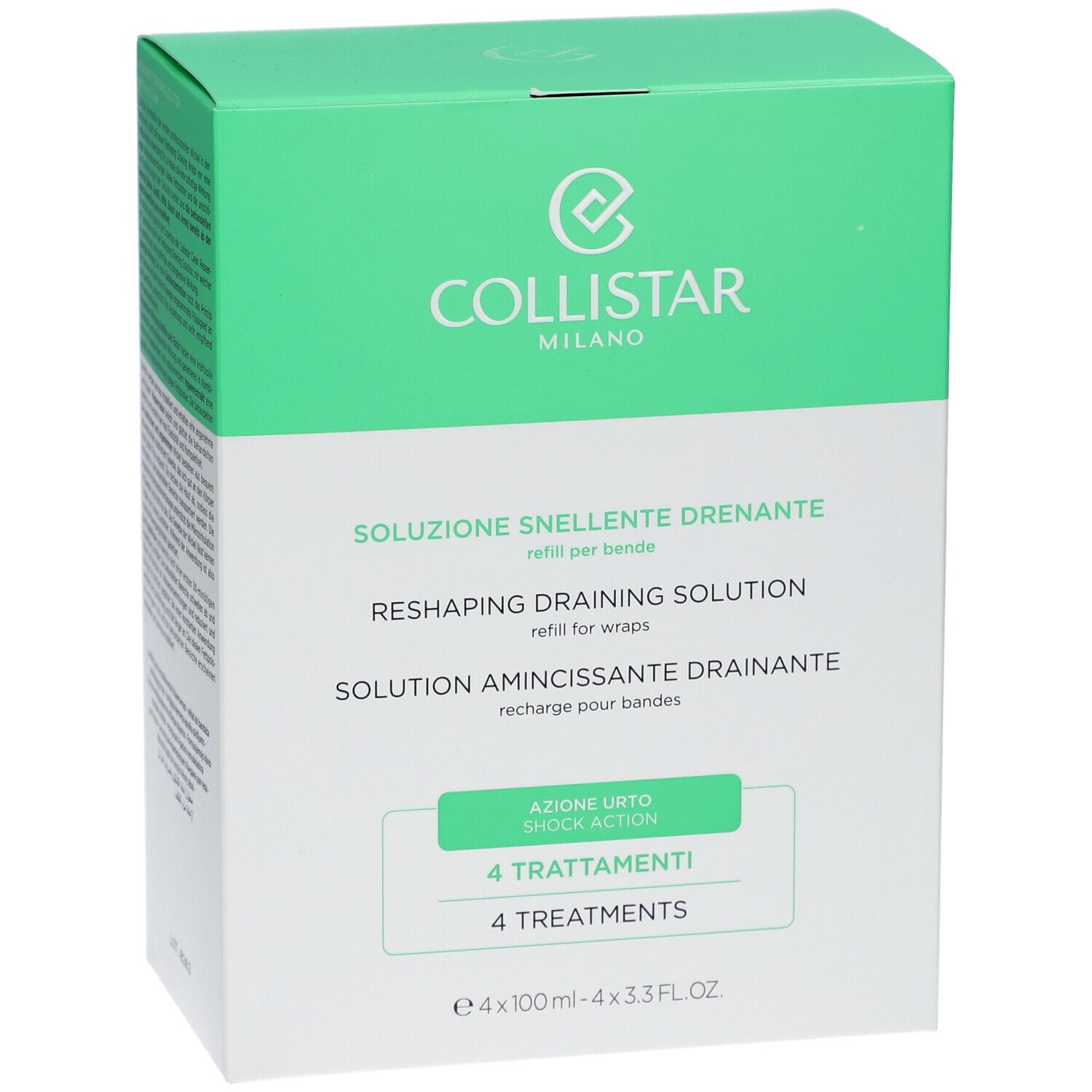 Grüne Schachtel mit weißer Schrift. Enthält 4 Behandlungen. Marke: Collistar Milano. Produkt: Solution Amincissante Drainante.