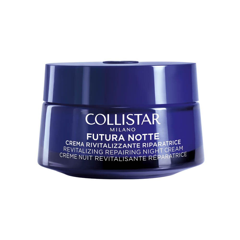 Pot de crème bleu foncé. Inscription : COLLISTAR MILANO FUTURA NOTTE. Crème de nuit revitalisante.