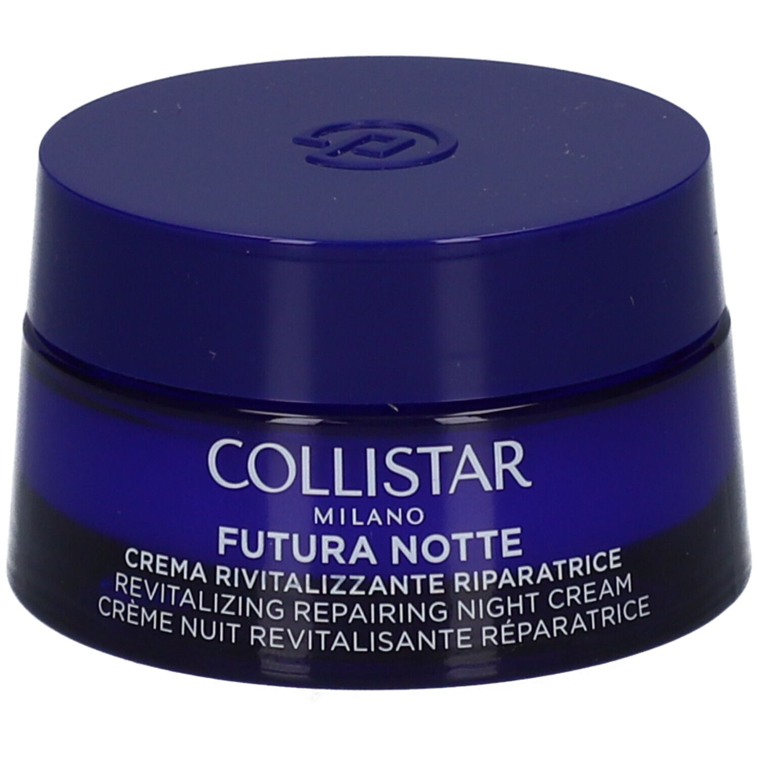Pot de crème bleu foncé avec couvercle. Inscription : COLLISTAR MILANO FUTURA NOTTE. Crème de nuit revitalisante.