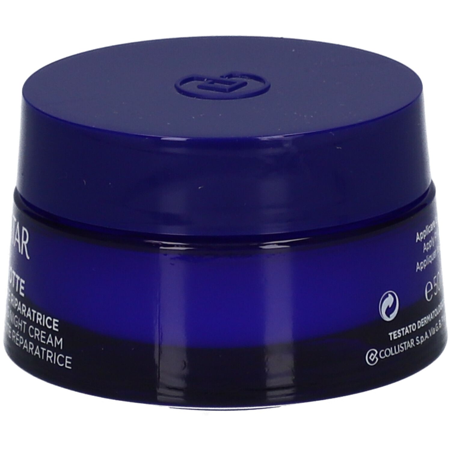 Pot de crème bleu foncé. Inscription : COLLISTAR. Texte : CREMA RIVITALIZZANTE RIPARATRICE. 50 ml.