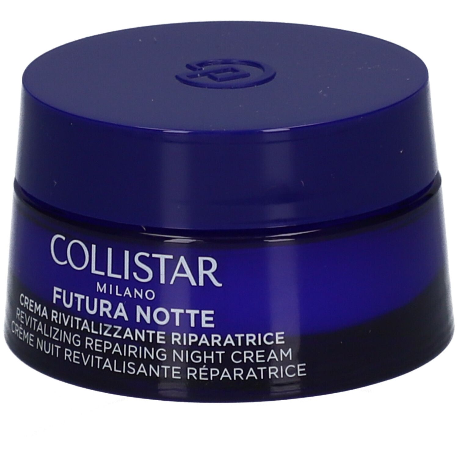 Pot de crème bleu foncé. Inscription : COLLISTAR MILANO FUTURA NOTTE. Crème de nuit revitalisante.