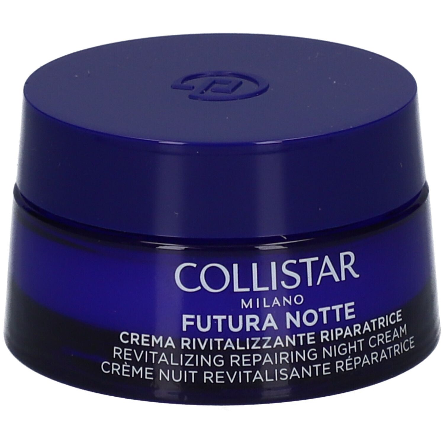 Pot de crème bleu foncé. Inscription : COLLISTAR MILANO FUTURA NOTTE. Crème de nuit revitalisante.