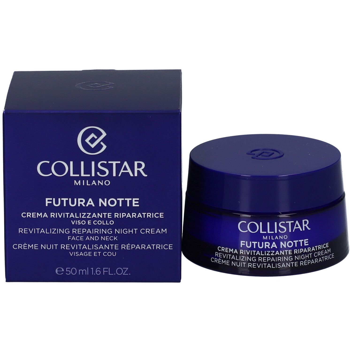 Boîte et pot de crème bleus foncés. Inscription : COLLISTAR FUTURA NOTTE. 50 ml. Crème de nuit revitalisante.