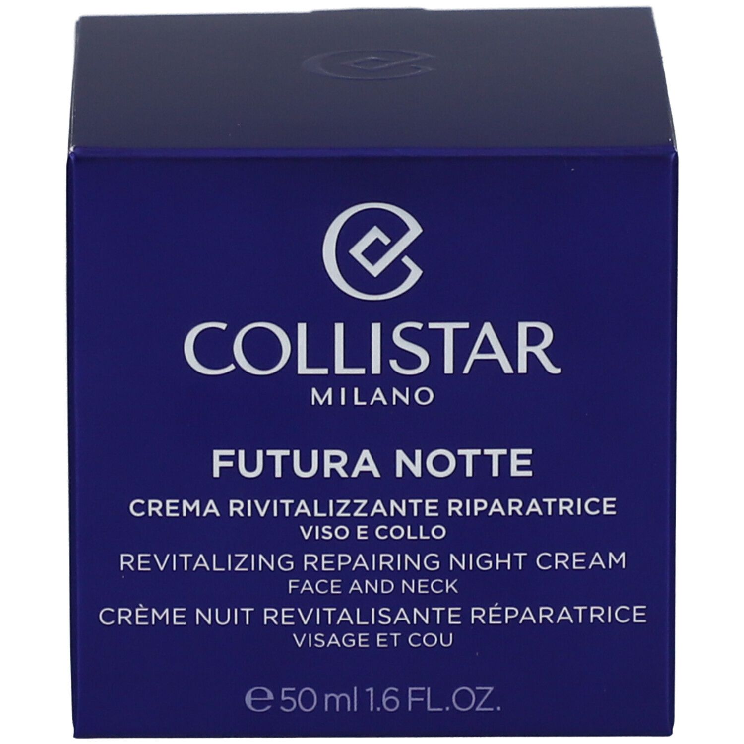 Boîte bleu foncé. Inscription : COLLISTAR MILANO FUTURA NOTTE. 50 ml. Crème de nuit revitalisante.