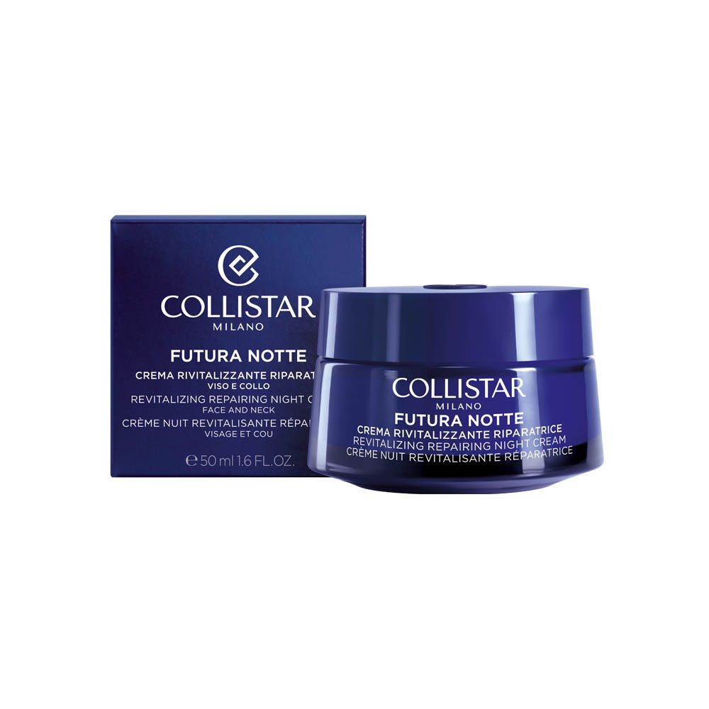Boîte et pot de crème bleus foncés. Inscription : COLLISTAR FUTURA NOTTE. Crème de nuit revitalisante.