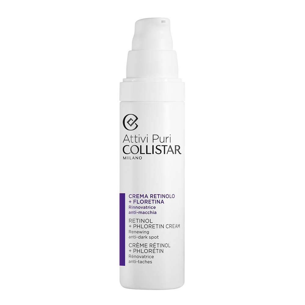 Flacon de crème blanc avec pompe. Texte : Attivi Puri Collistar Milano, Crème Rétinol + Florétina, Retinol + Phlorétin Cream.