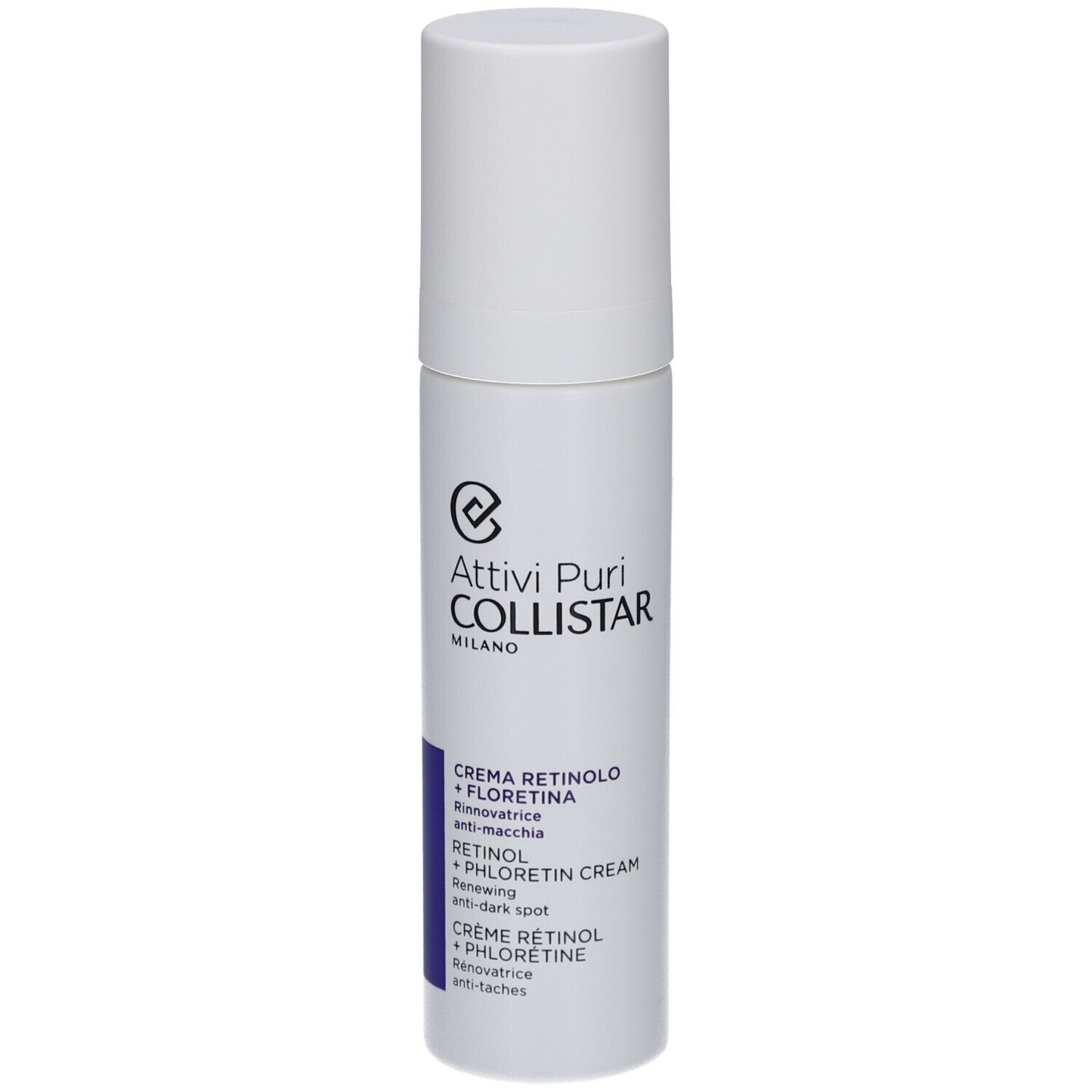 Weiße Flasche mit Creme. Text: Attivi Puri Collistar Milano, Creme Rétinol + Florétina, Retinol + Phlorétin Cream.