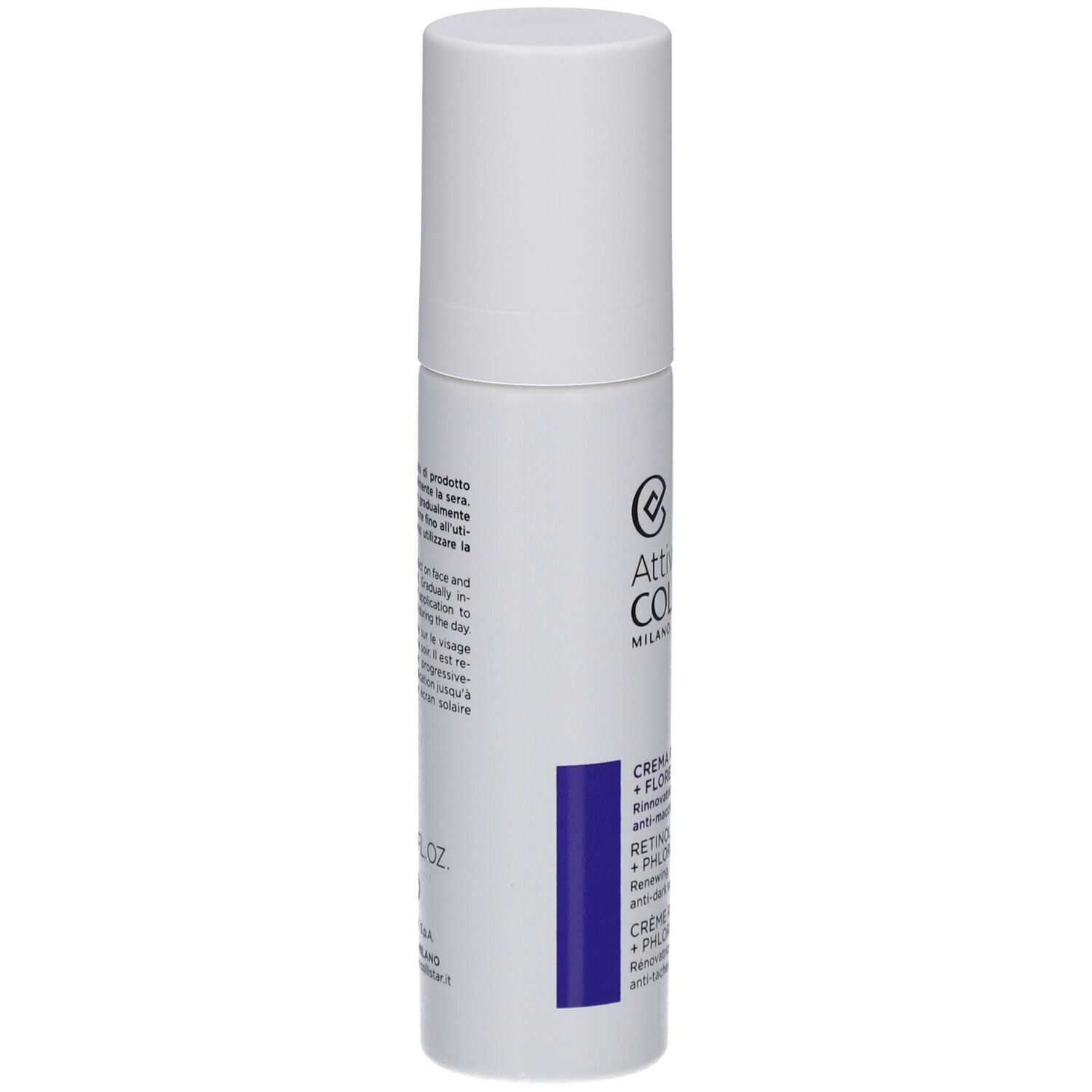 Weiße Flasche mit Creme. Text: Attivi Puri Collistar Milano, Creme Rétinol + Florétina, Retinol + Phlorétin Cream.