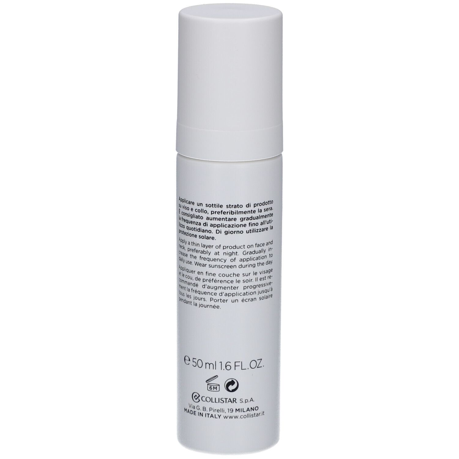 Weiße Creme-Flasche. Text: Attivi Puri Collistar Milano, Creme Rétinol + Florétina, Retinol + Phlorétin Cream. 50ml 1.6 FL.OZ.