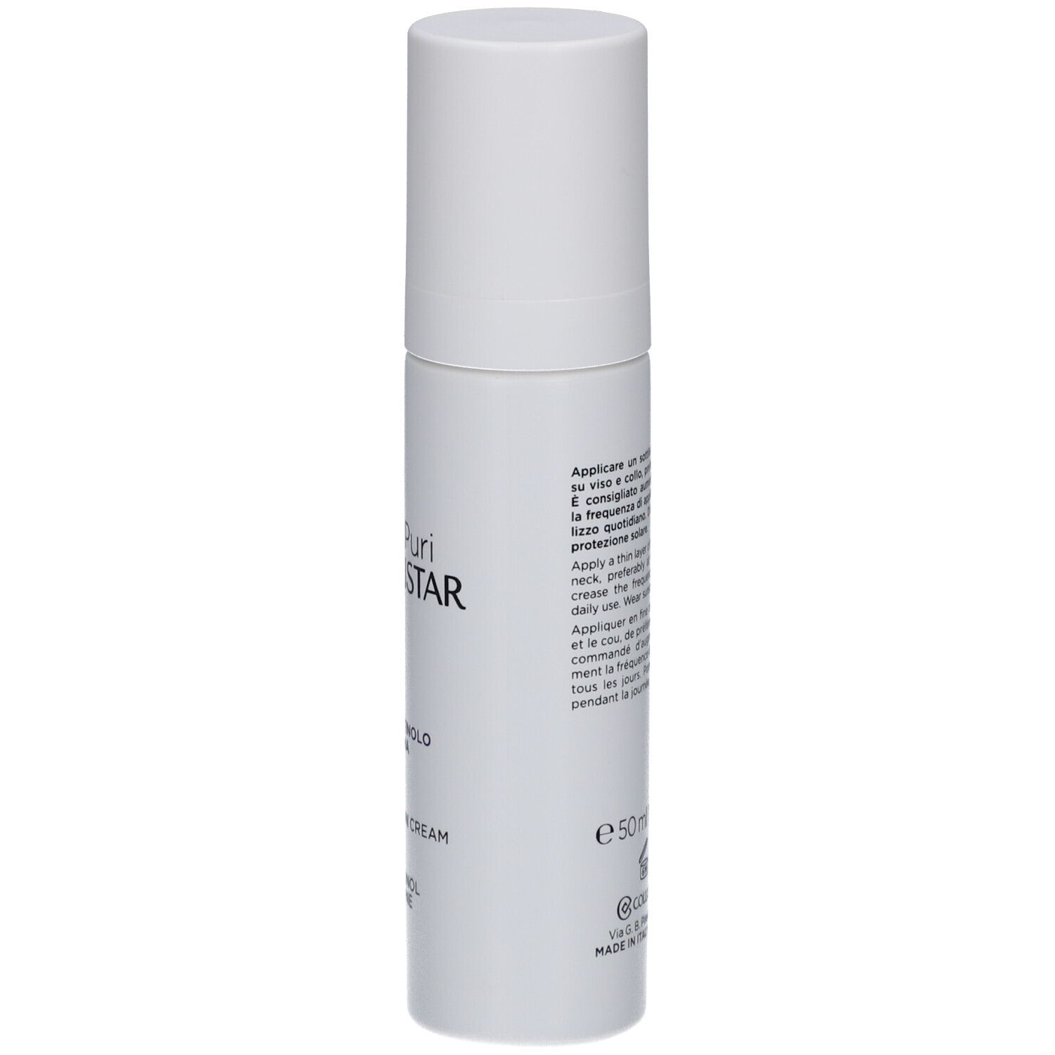 Weiße Creme-Flasche. Text: Attivi Puri Collistar Milano, Creme Rétinol + Florétina, Retinol + Phlorétin Cream. 50ml.
