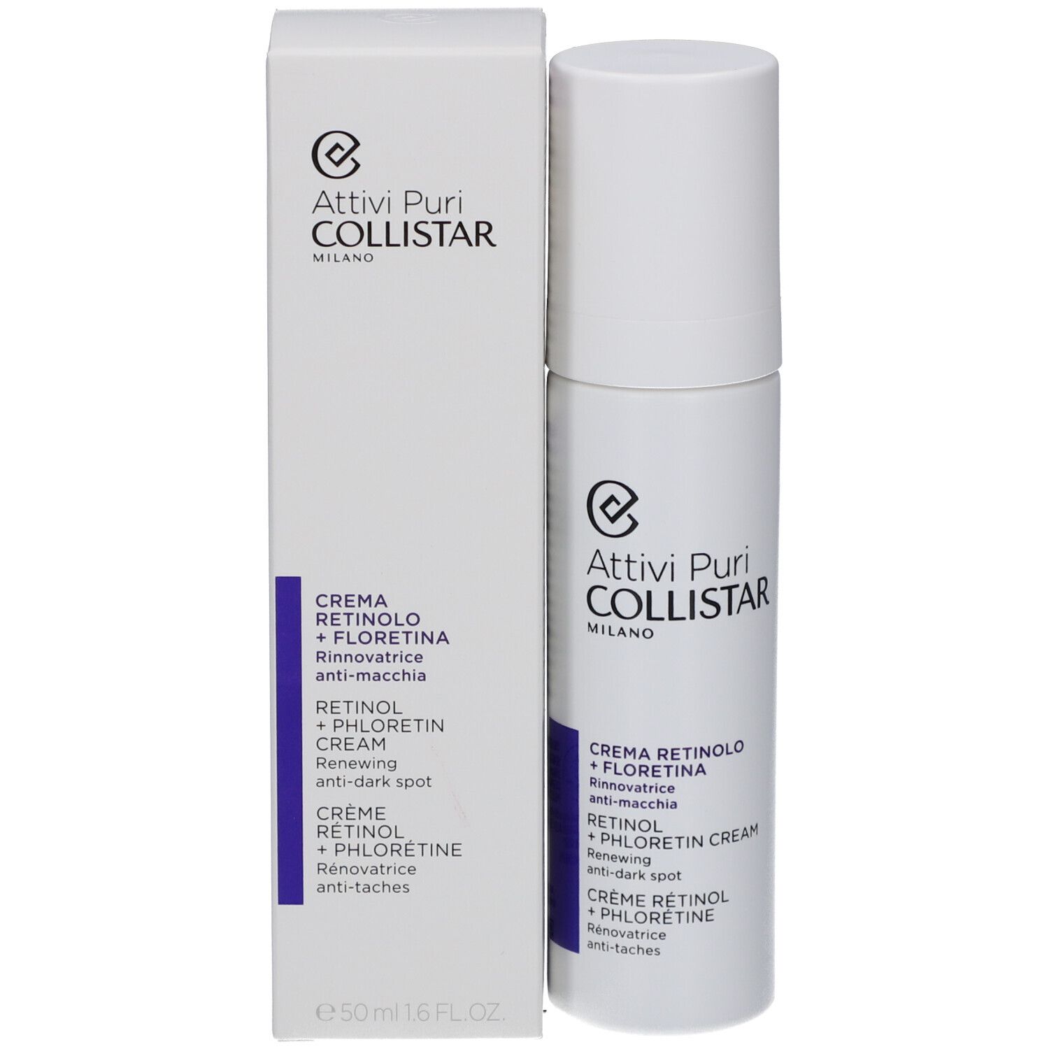 Produktverpackung mit Creme-Flasche. Text: Attivi Puri Collistar Milano, Creme Rétinol + Florétina, Retinol + Phlorétin Cream.