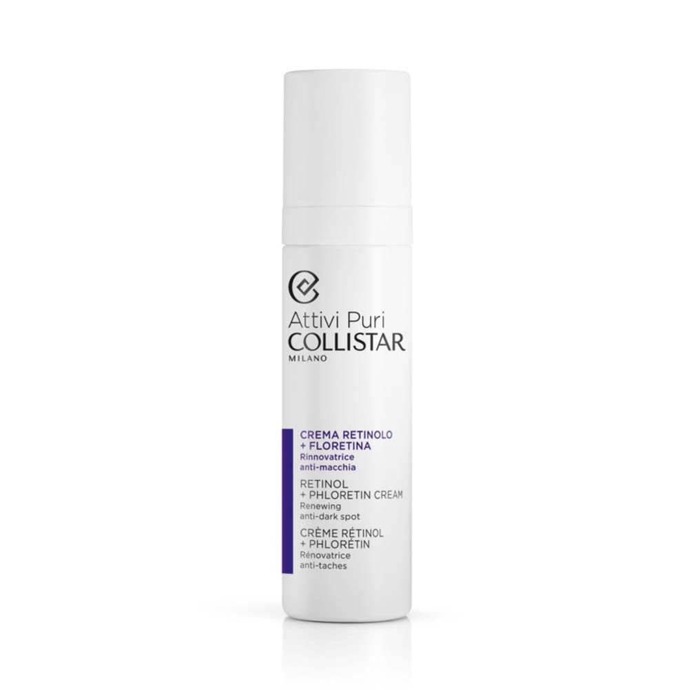 Flacon de crème blanc. Texte : Attivi Puri Collistar Milano, Crème Rétinol + Florétina, Retinol + Phlorétin Cream.