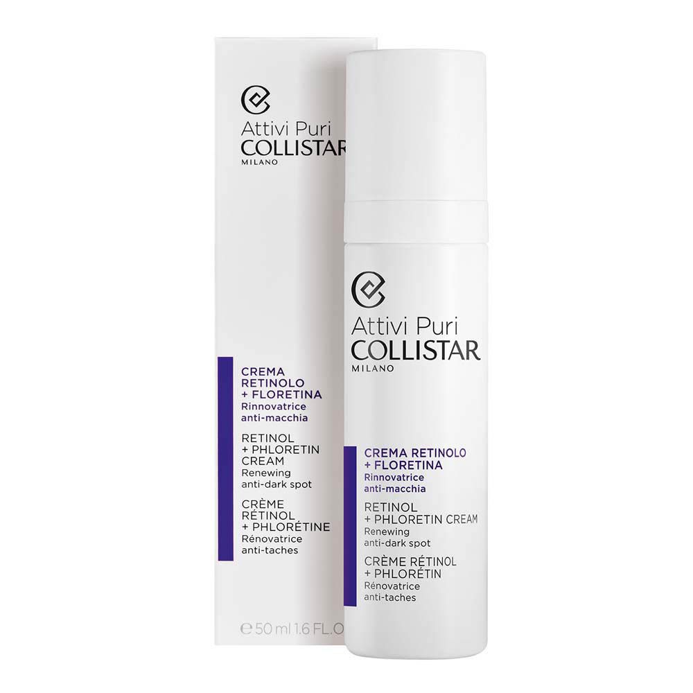 Emballage produit avec flacon de crème. Texte : Attivi Puri Collistar Milano, Crème Rétinol + Florétina, Retinol + Phlorétin Cream.