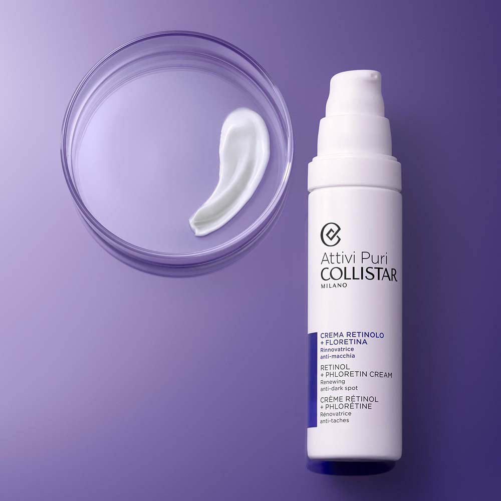 Flacon de crème et goutte de crème. Texte : Attivi Puri Collistar Milano, Crème Rétinol + Florétina, Retinol + Phlorétin Cream.