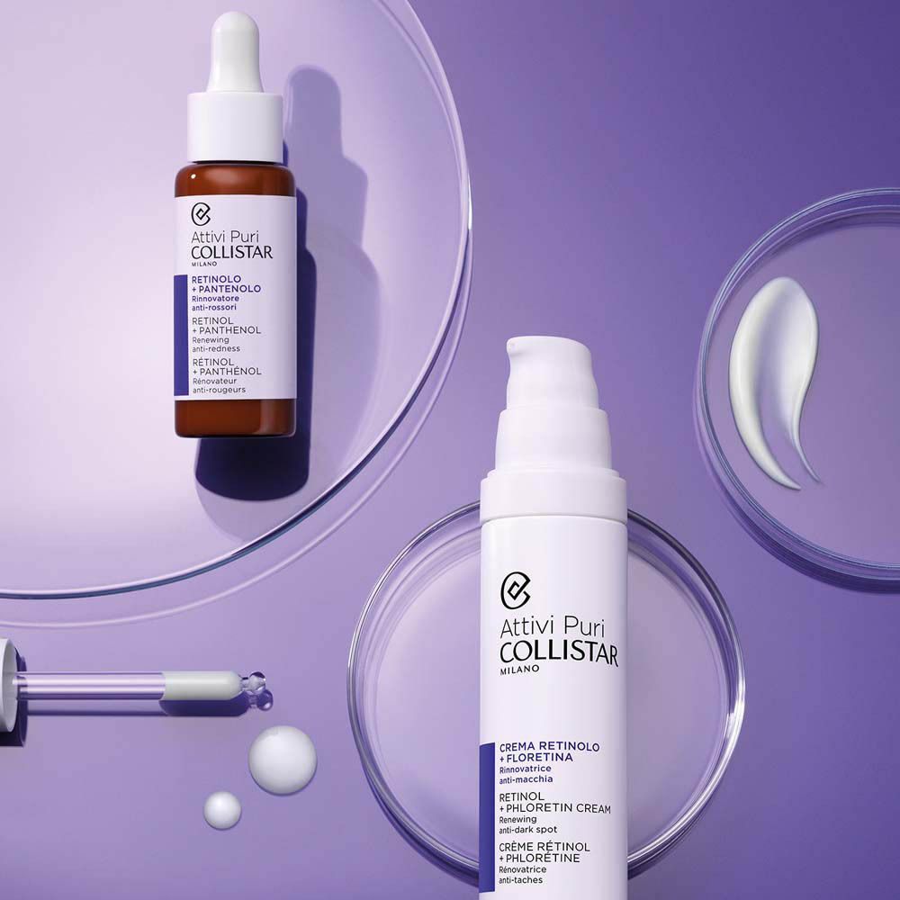 Flacon de crème, sérum et goutte de crème. Texte : Attivi Puri Collistar Milano, Crème Rétinol + Florétina, Retinol + Phlorétin Cream.