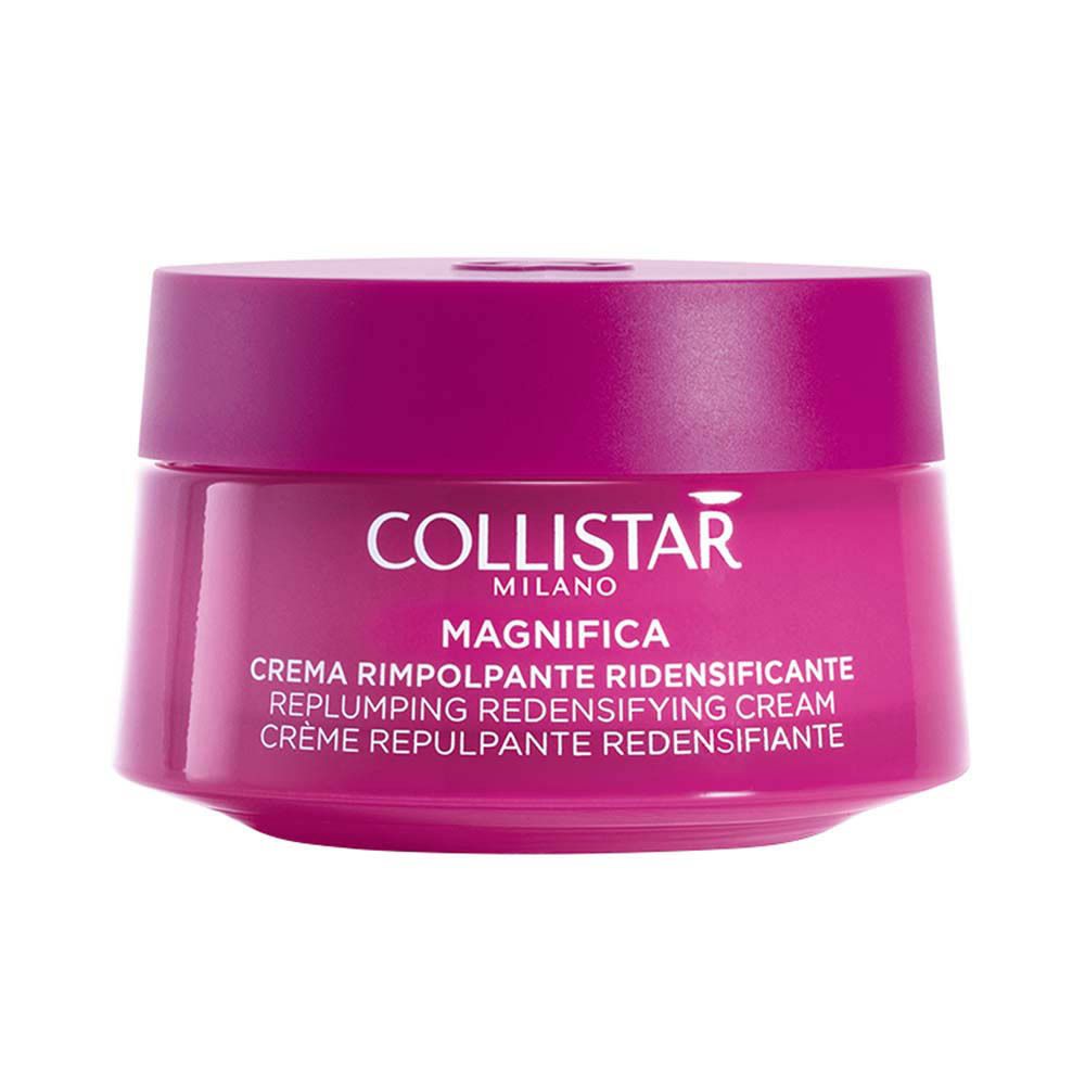 Pot de crème rose. Inscription : COLLISTAR MILANO MAGNIFICA. Crème pour le visage et le cou.