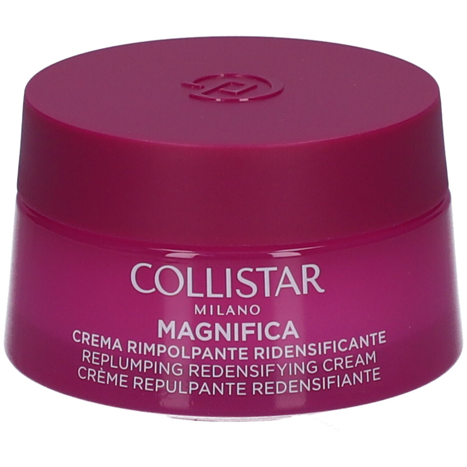 Creme-Tiegel, pinkfarben, mit Deckel. Aufschrift: COLLISTAR MILANO MAGNIFICA. Creme für Gesicht und Hals.