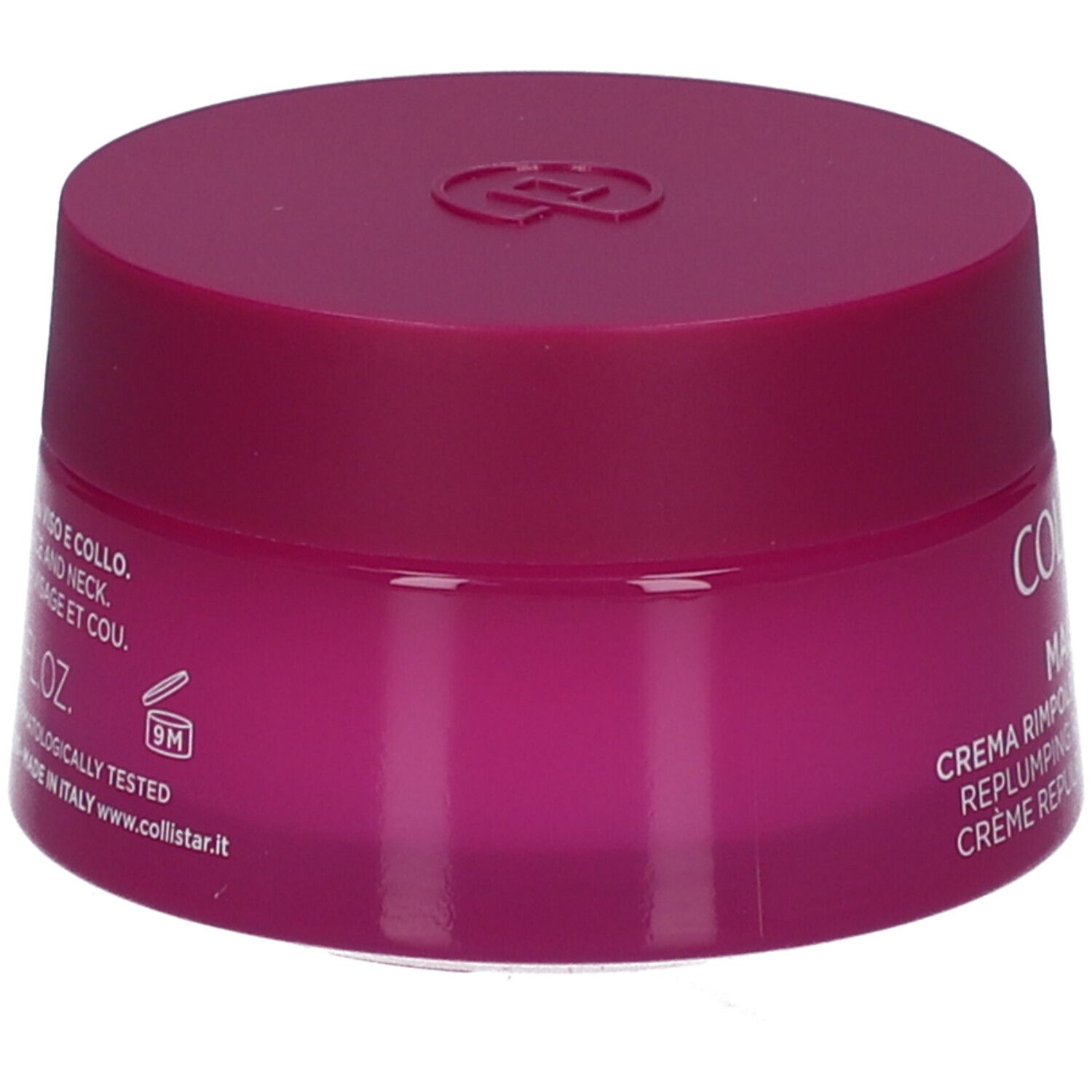 Pinkfarbener Creme-Tiegel. Aufschrift: COLLISTAR. Text: CREMA RIMPOLPANTE RIDENSIFICANTE. Dermatologisch getestet.