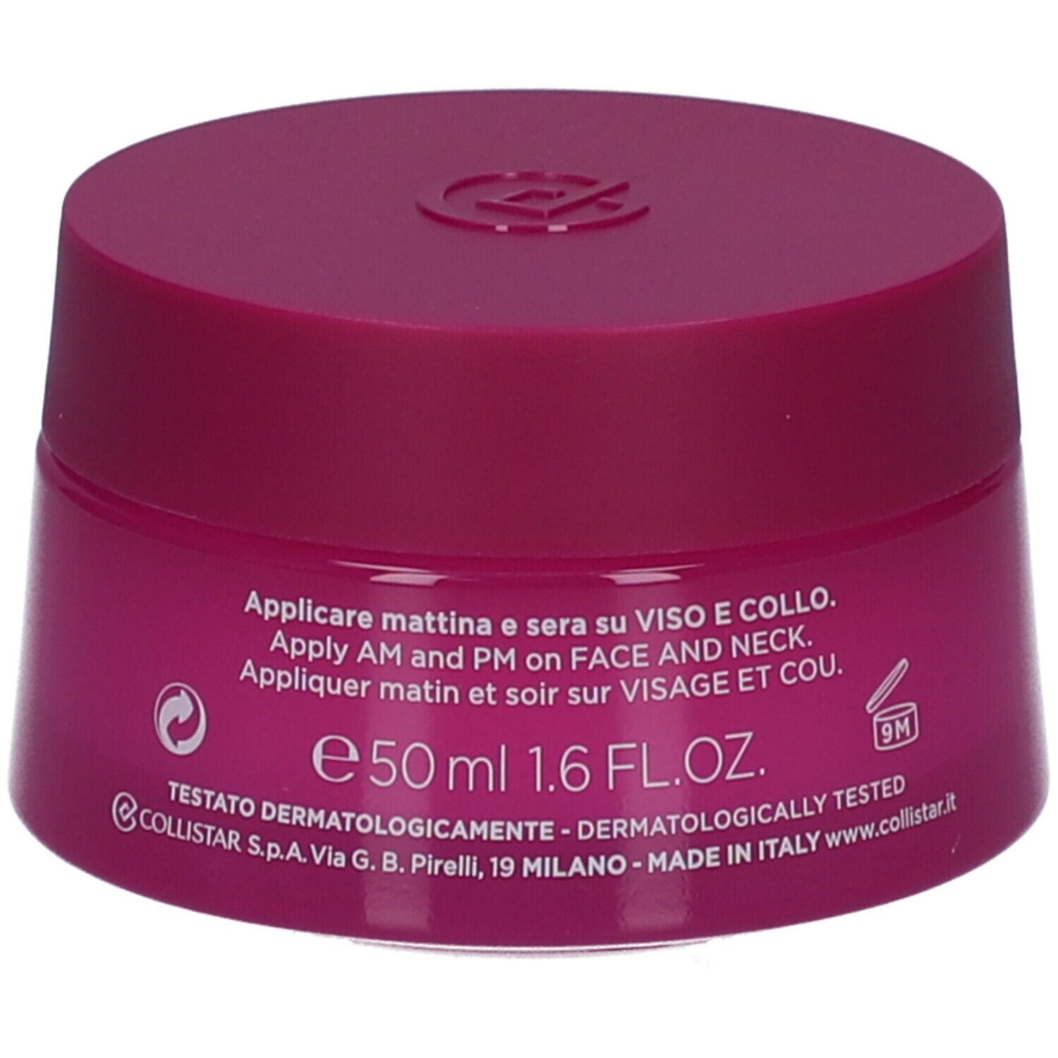 Pinkfarbener Creme-Tiegel. Aufschrift: COLLISTAR. Text: CREMA RIMPOLPANTE RIDENSIFICANTE. 50 ml. Dermatologisch getestet.